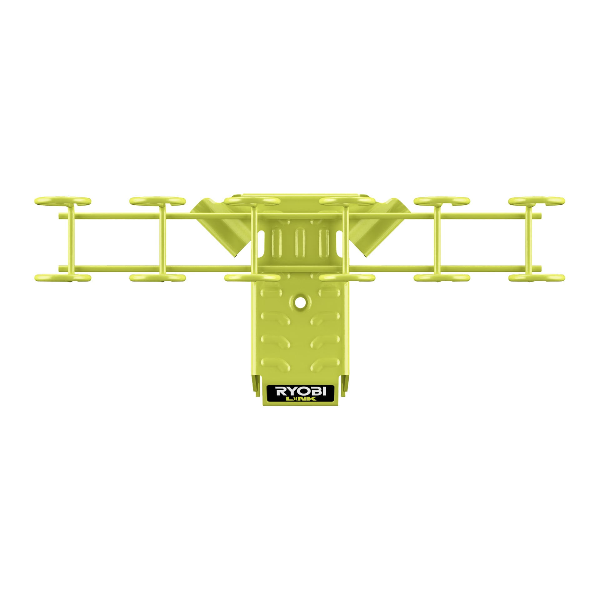 Gul Ryobi skrutrekkerholder LINK RSLW807 med sidelige horisontale plugger, sentral monteringsplate og svart Ryobi LINK-etikett nedenfor.