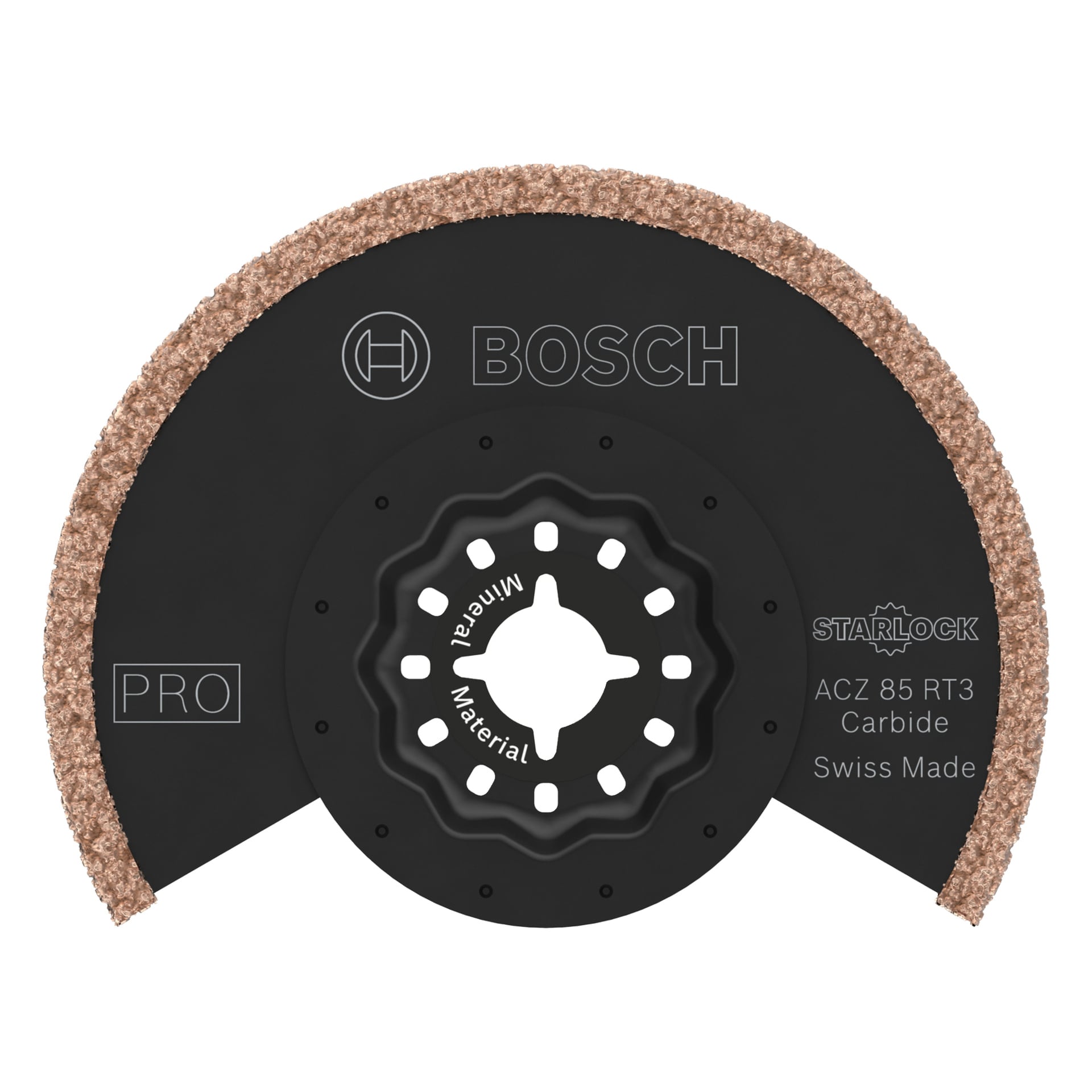Bosch Pro ACZ85RT3 halvmåneformade karbidblad, mittersnitt, STARLOCK-fäste, märkt PRO för mineralanvändning, tillverkat i Schweiz.