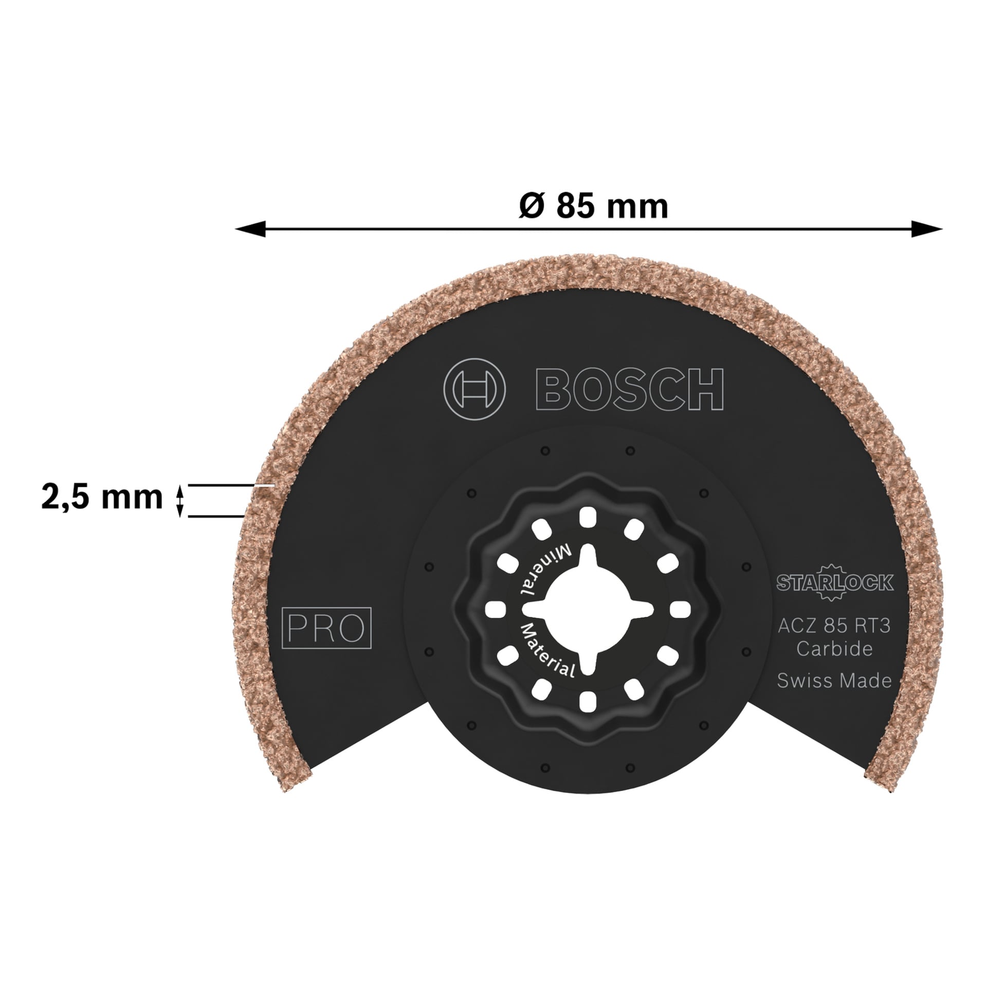 Bosch Pro slipblad ACZ85RT3, 85 mm i diameter, 2,5 mm tjockt, segmenterat med kornig egg, märkt Swiss Made.