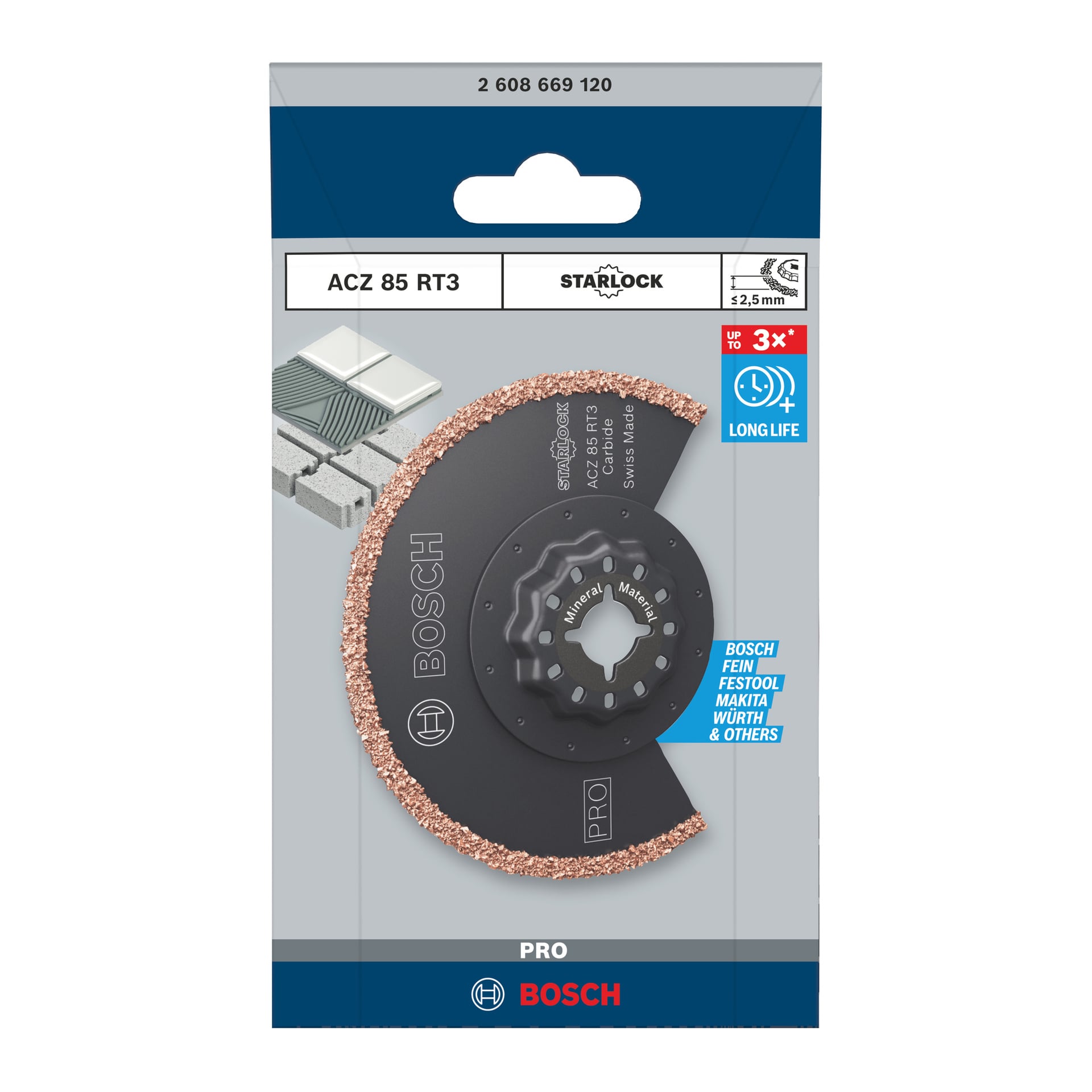 Bosch Pro slipblad ACZ85RT3 visas i förpackningen; 2,5 mm tjock, passar många märken, håller upp till tre gånger längre.