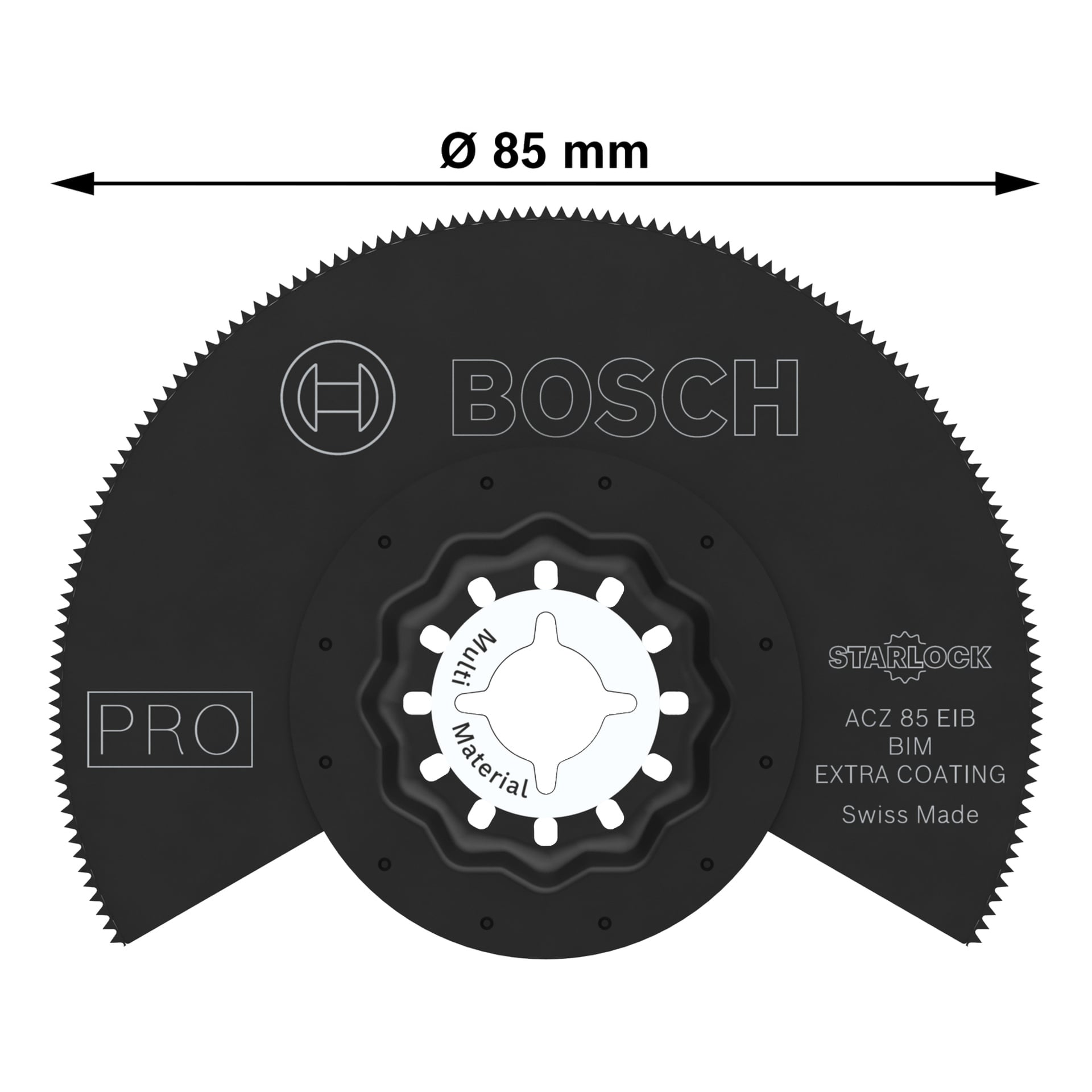 Et svart Bosch Pro ACZ85EIB sagblad, 85 mm diameter, viser Bosch Pro-logo, Starlock, BIM Extra Coating, Swiss Made, og et materialdiagram.