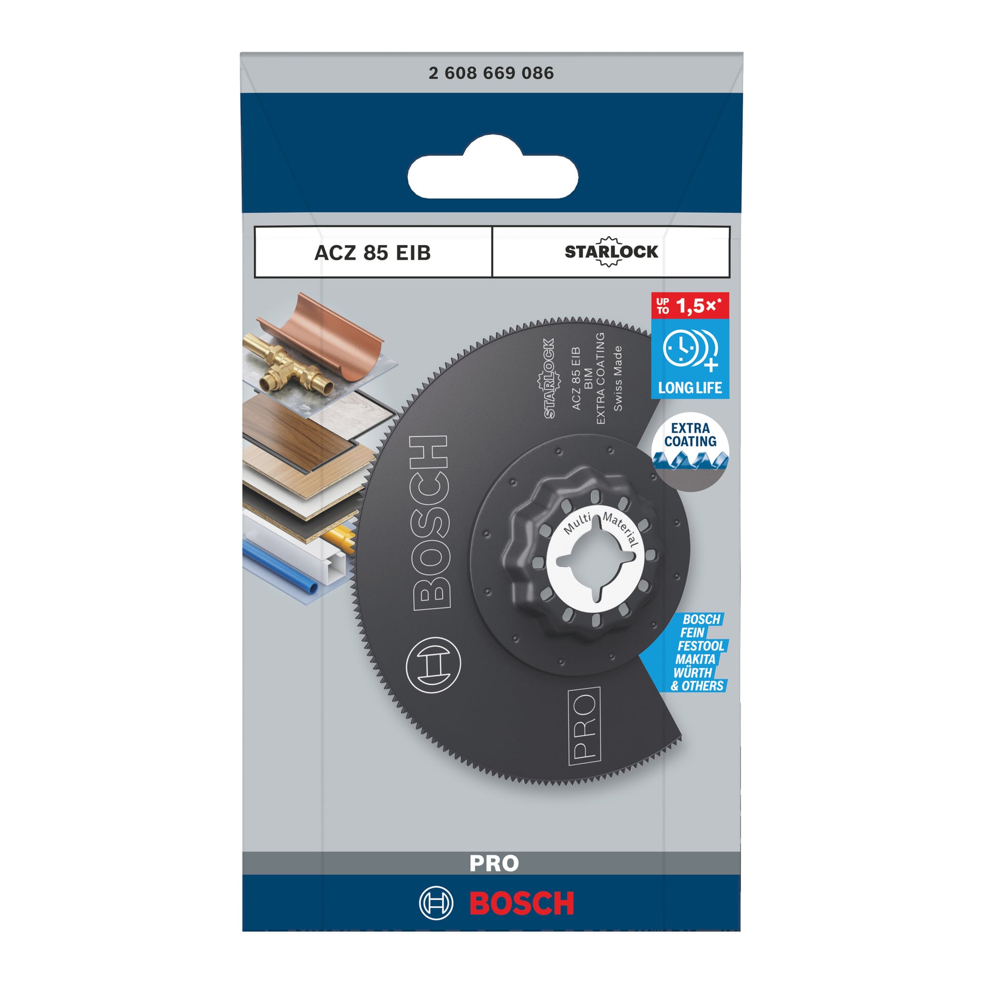 Bosch Pro ACZ85EIB sagblad i emballasjen, vist med spesifikasjoner, kompatibilitetssymboler og bilder som kutter rør, fliser og treverk.
