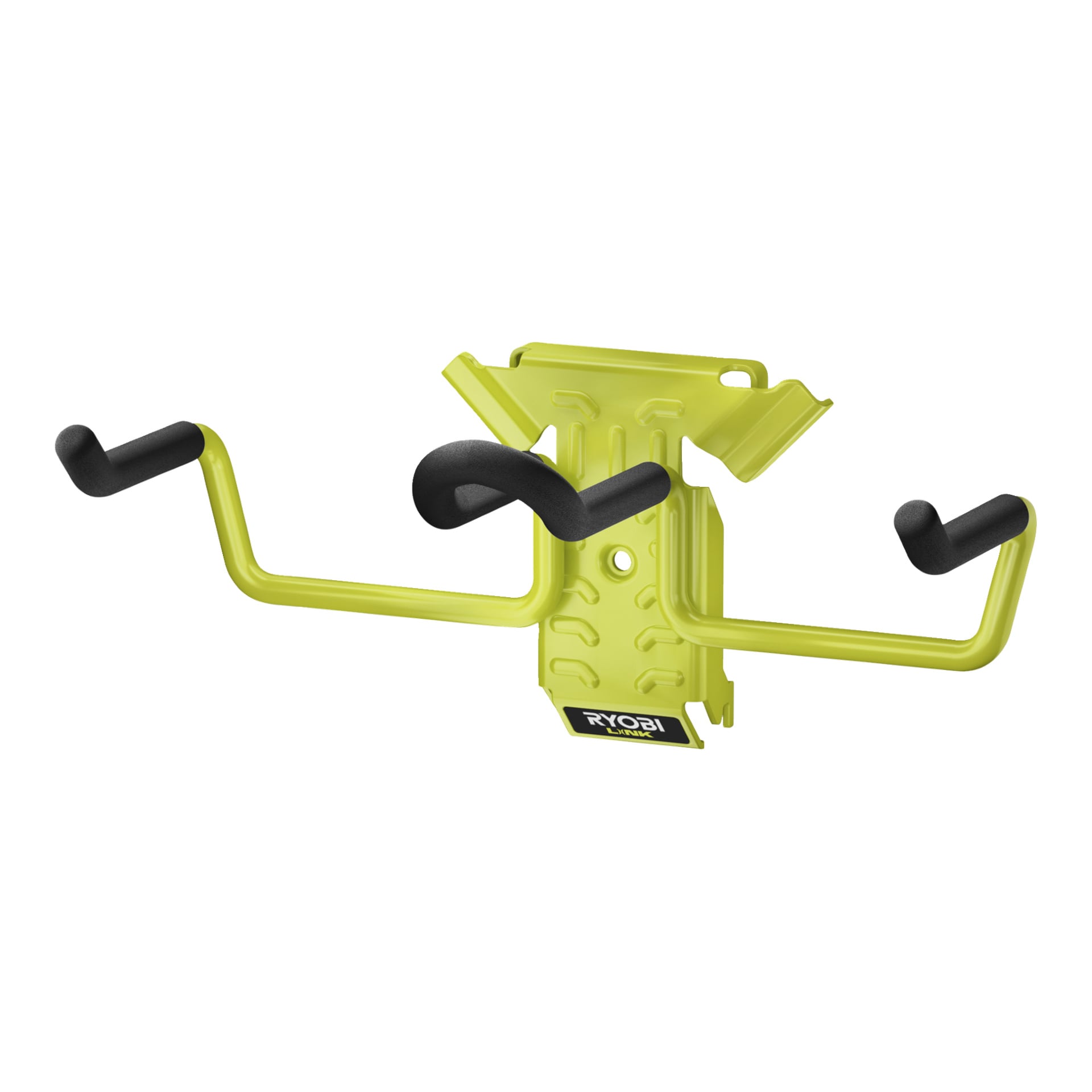 Ryobi LINK RSLW806 är ett gult metallverktygsställ med flera svartgreppade böjda krokar och en bottenplatta märkt "RYOBI LINK.