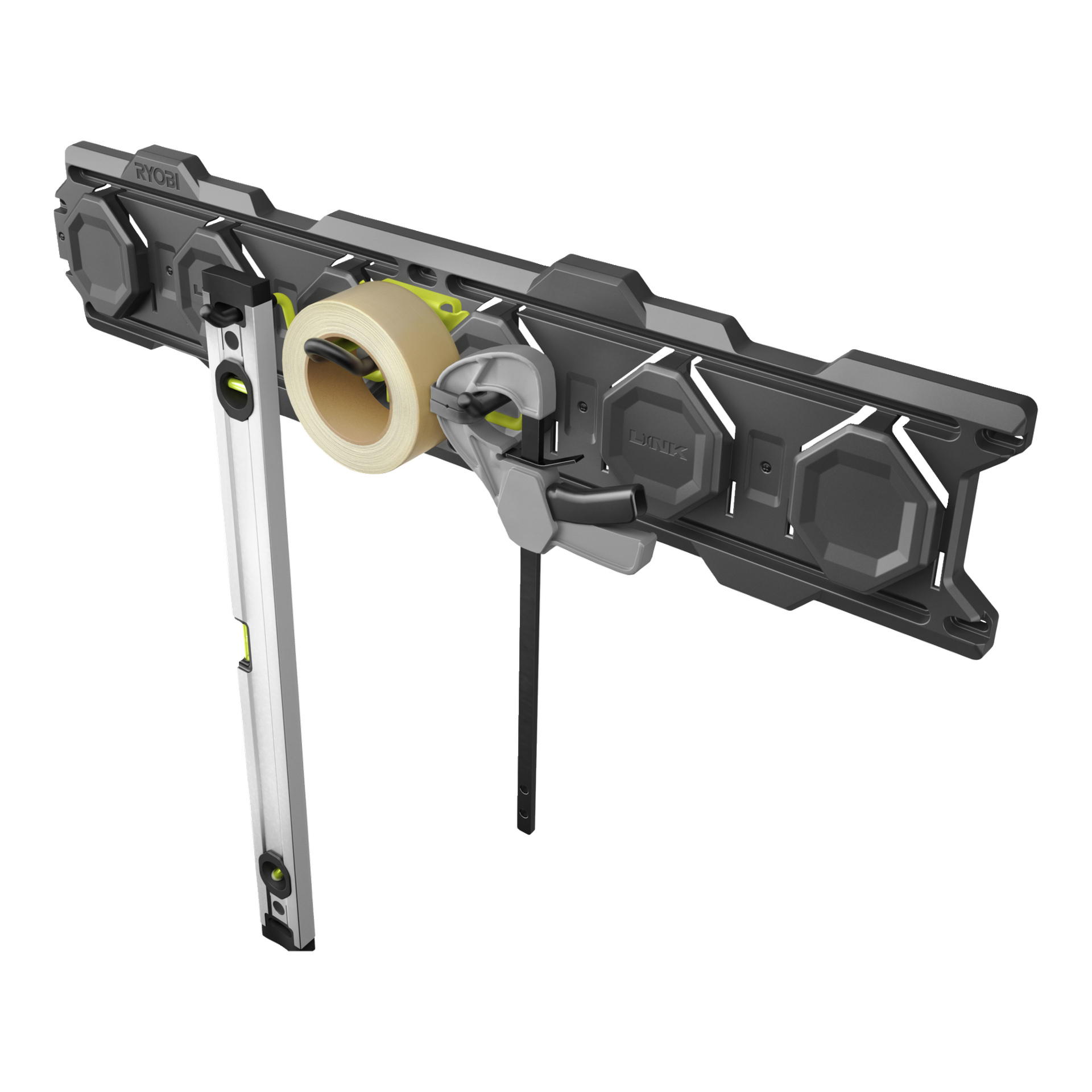 Ryobi Hook set LINK RSLW806, svart väggskena med spår för att förvara verktyg som måttband, vaterpass och band – idealiskt för garage.