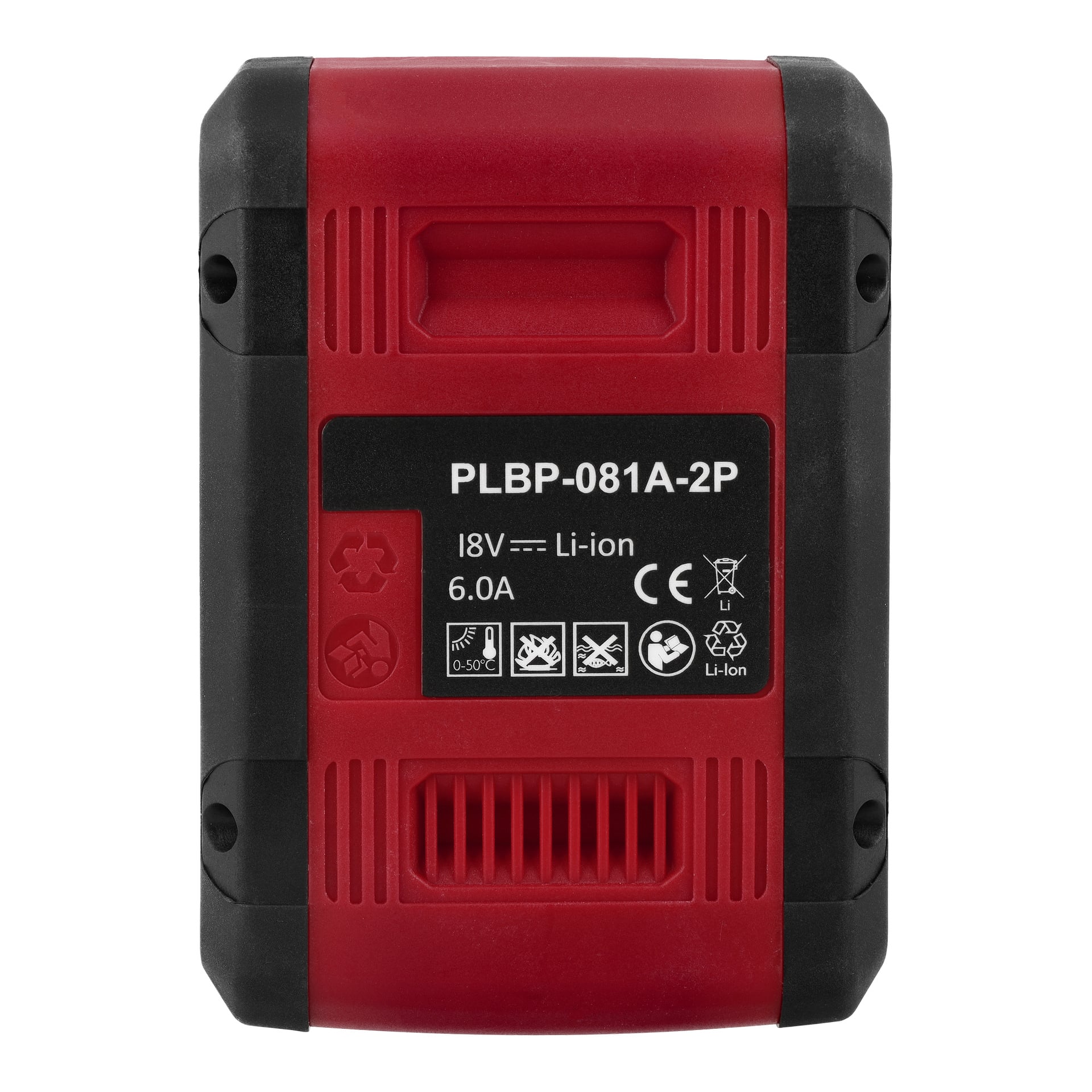 Fyra röda och svarta Meec Tools ULTIMATE POWER PACK 18V 6,0A litiumjonbatterier, med certifierings- och varningssymboler.