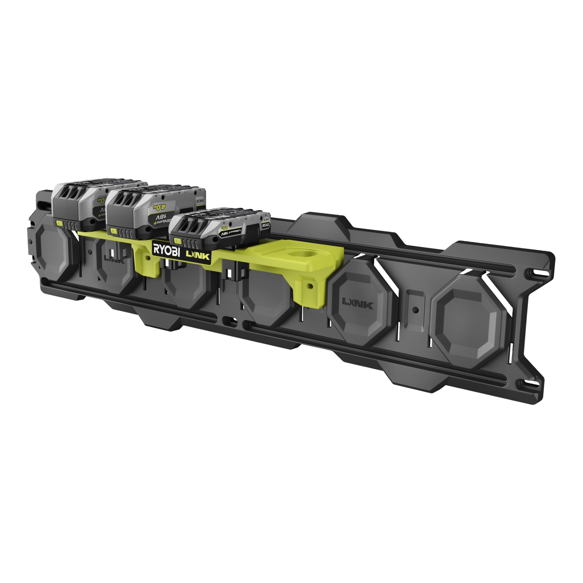 Den svarte og grå Ryobi LINK RSLW818 vegghyllen organiserer tre Ryobi-batterier og en gul holder i en pen, enkelt rad.