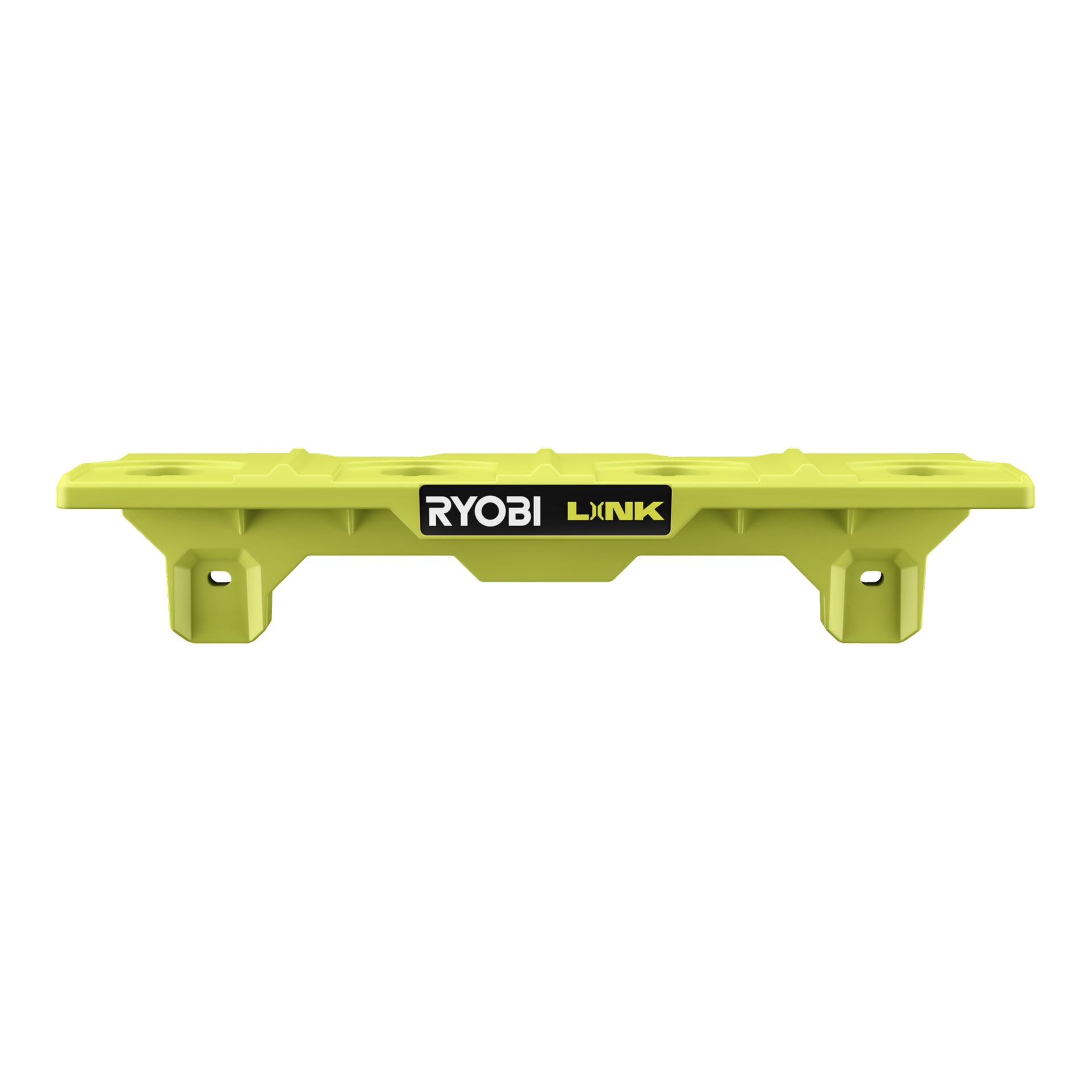Gul Ryobi LINK RSLW818 batterihylleveggfeste med fire hull på toppen, to nederst, og en midt "RYOBI LINK"-etikett.