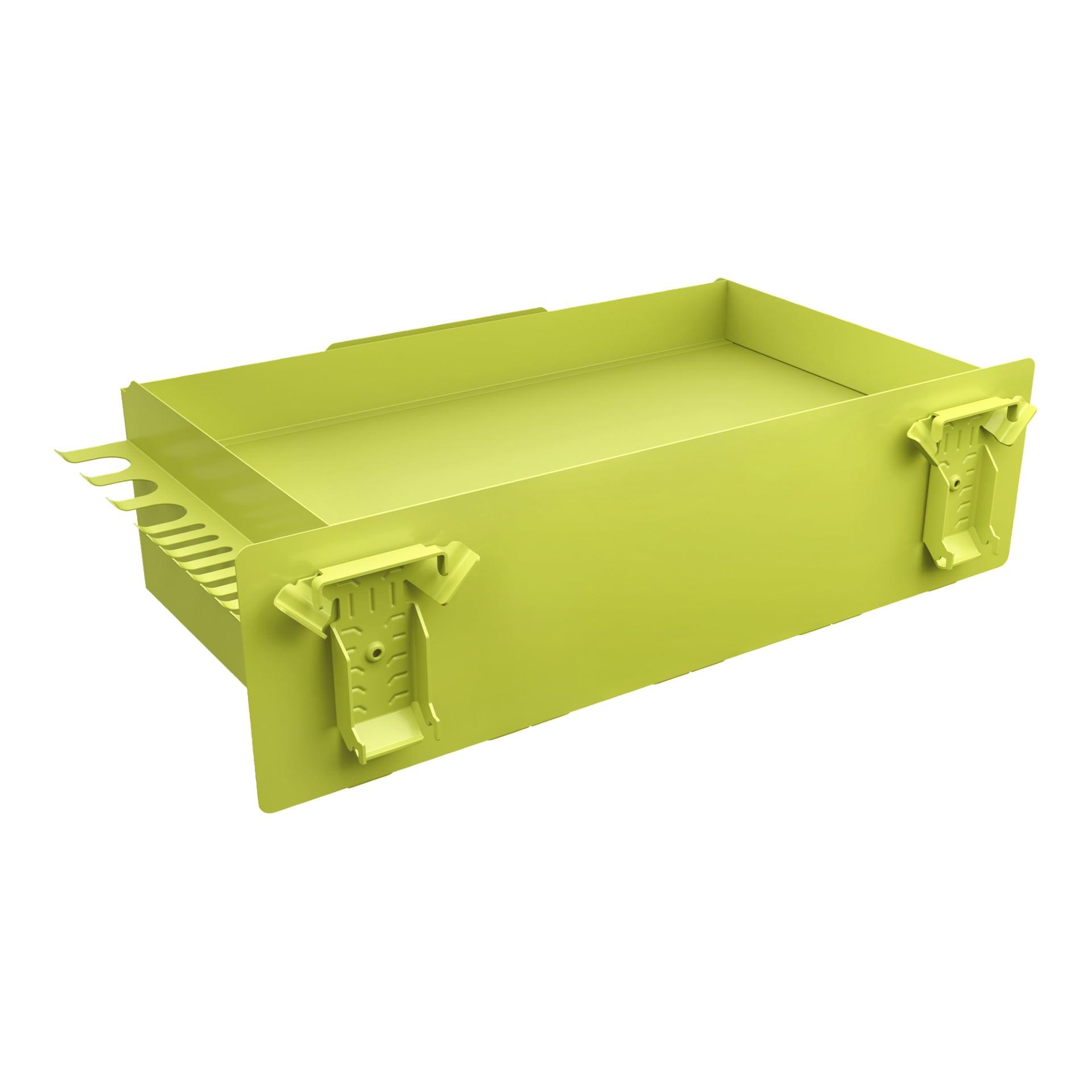 Rektangulär gul Ryobi LINK RSLW401 hylla med upphöjda kanter, två lås, kamspår, matt finish och öppen inuti.