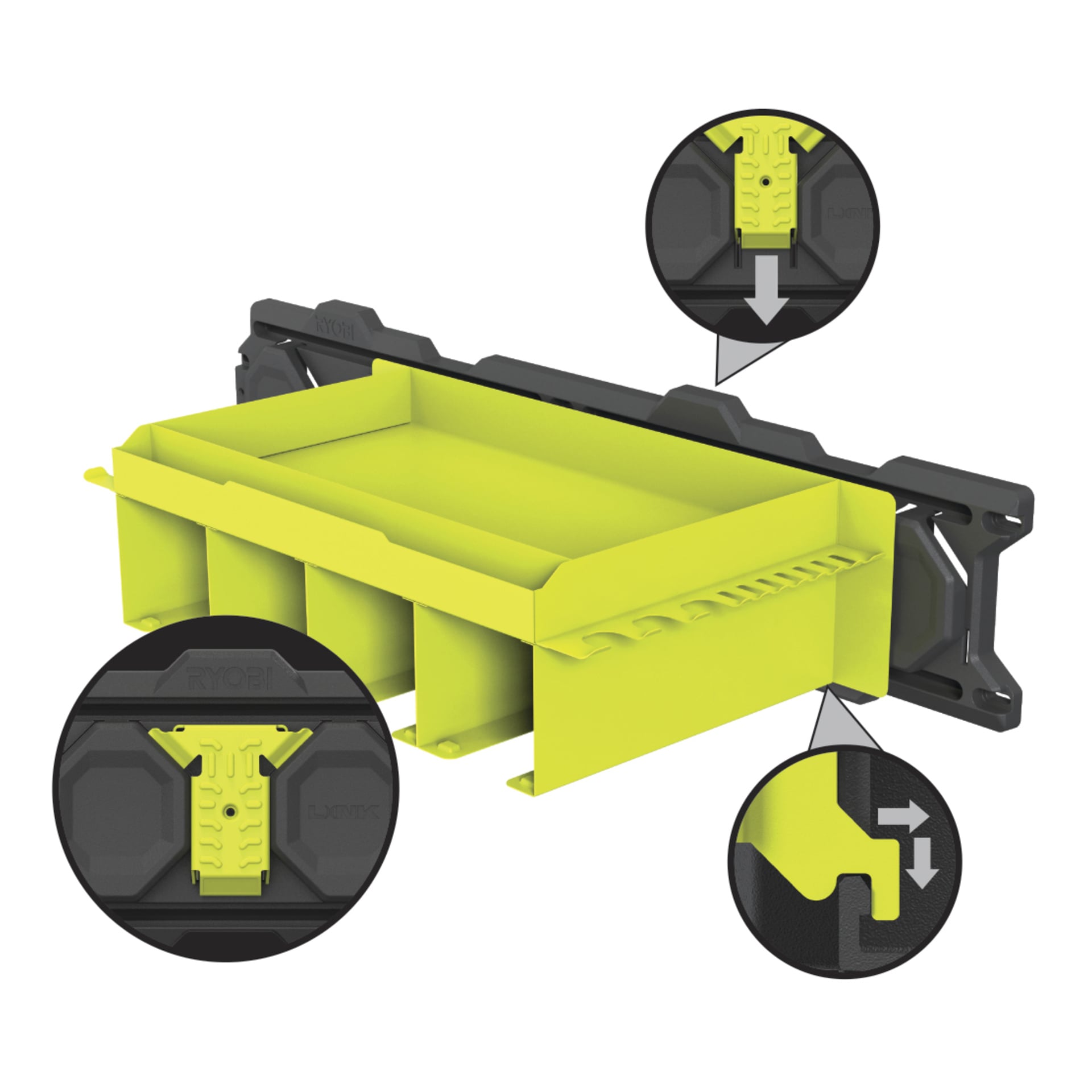 Ryobi Tool hanger hylla LINK RSLW401, en gul behållare på en svart räcka, med infällningar som visar hur den fästs och dess skjutlås.