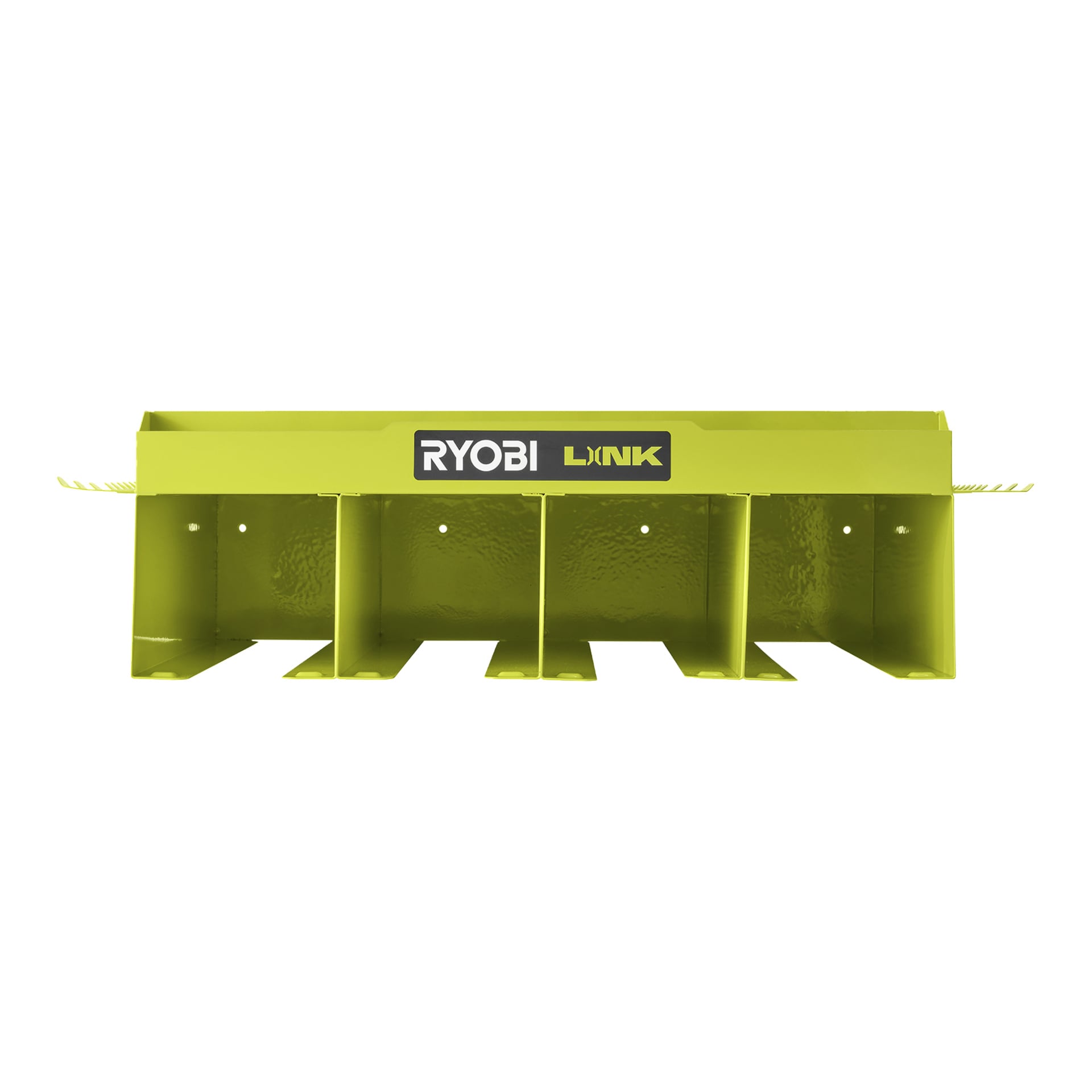 Gul Ryobi Tool Hanger Shelf LINK RSLW401 med fem vertikala spår och en främre Ryobi Link-logotyp, väggmonterad.