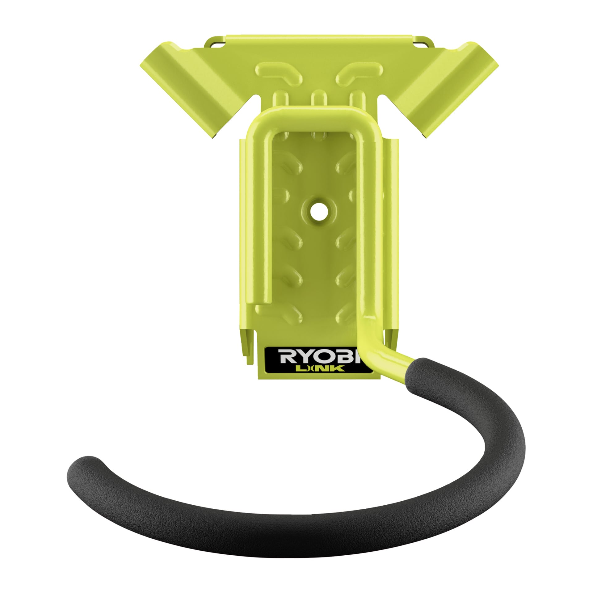Limonkowy RSLW809 hak Ryobi LINK z czarnym wyściełanym ramieniem do trzymania przedmiotów, logo Ryobi LINK na dole na środku uchwytu.