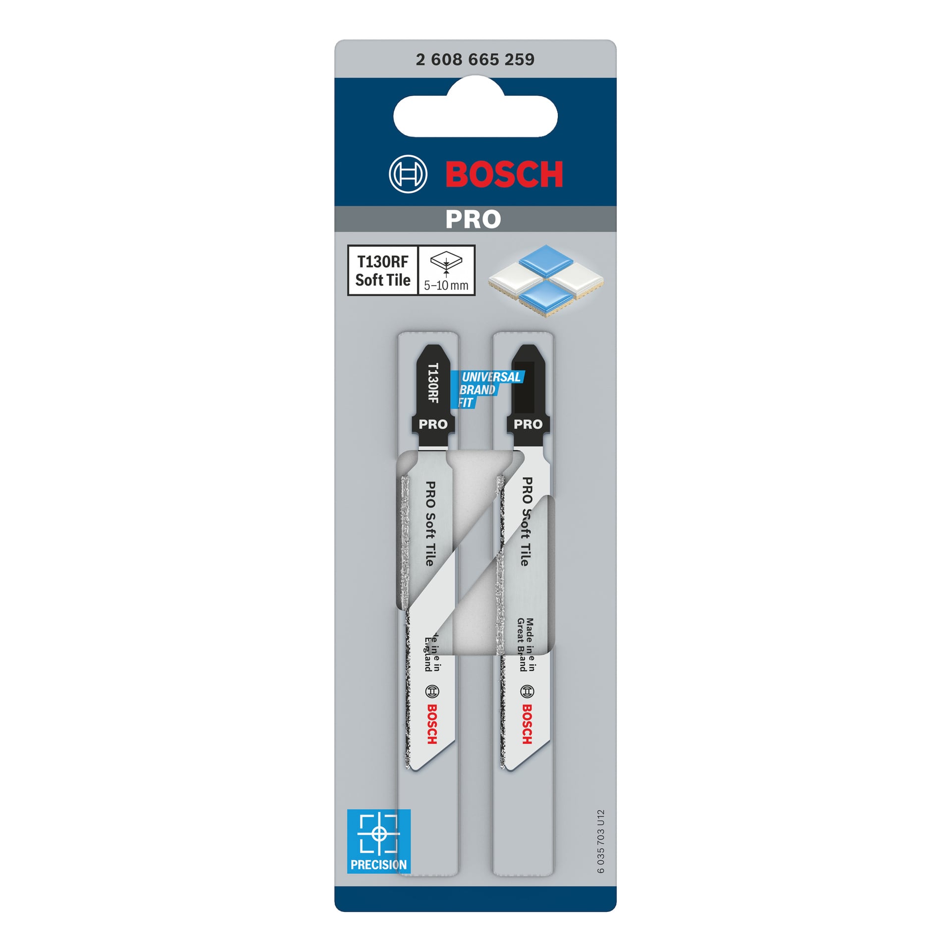 Bosch Pro Jigsaw Blade T130RF PRO Soft Tile, två blad i gråblå blisterförpackning, märkta för 5–10 mm plattor och precisionsanvändning.