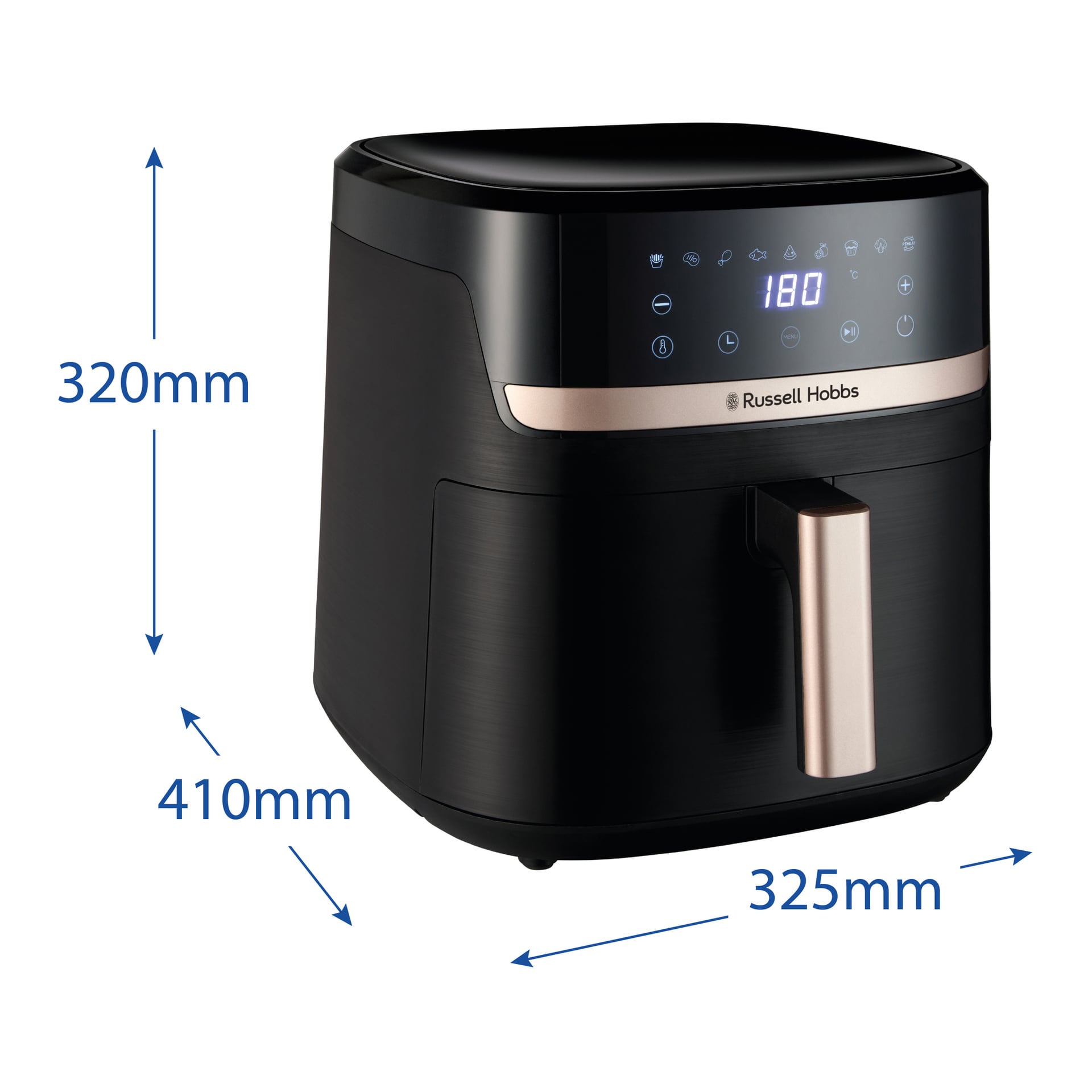 Russell Hobbs Satisfry Airfryer, svart med guldhandtag, digital display på 180, mäter 320 mm H x 410 mm D x 325 mm B.
