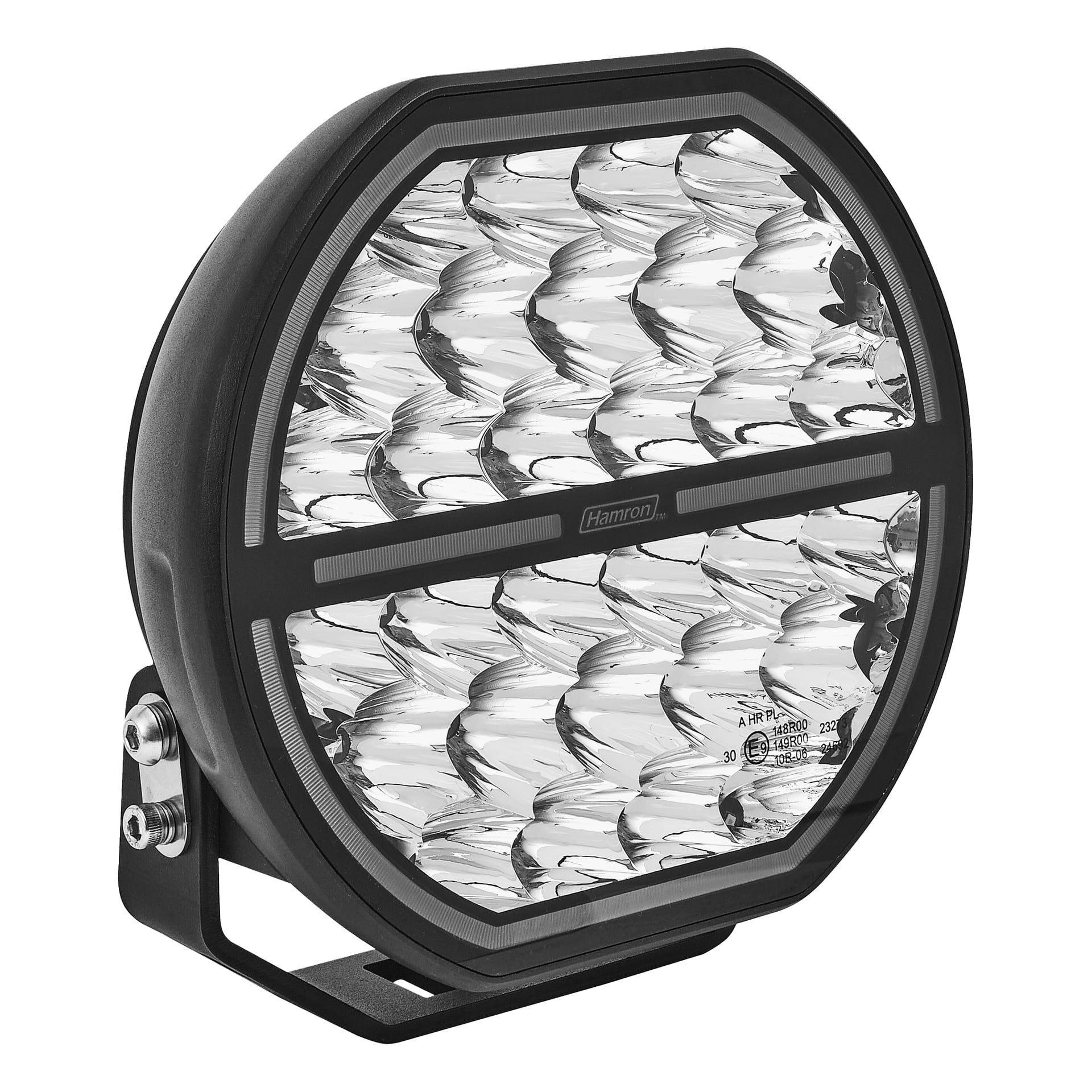 En sirkulær svart Extra Light LED med et klart mønstret objektiv, metallfeste på siden og Hamron-logo foran.