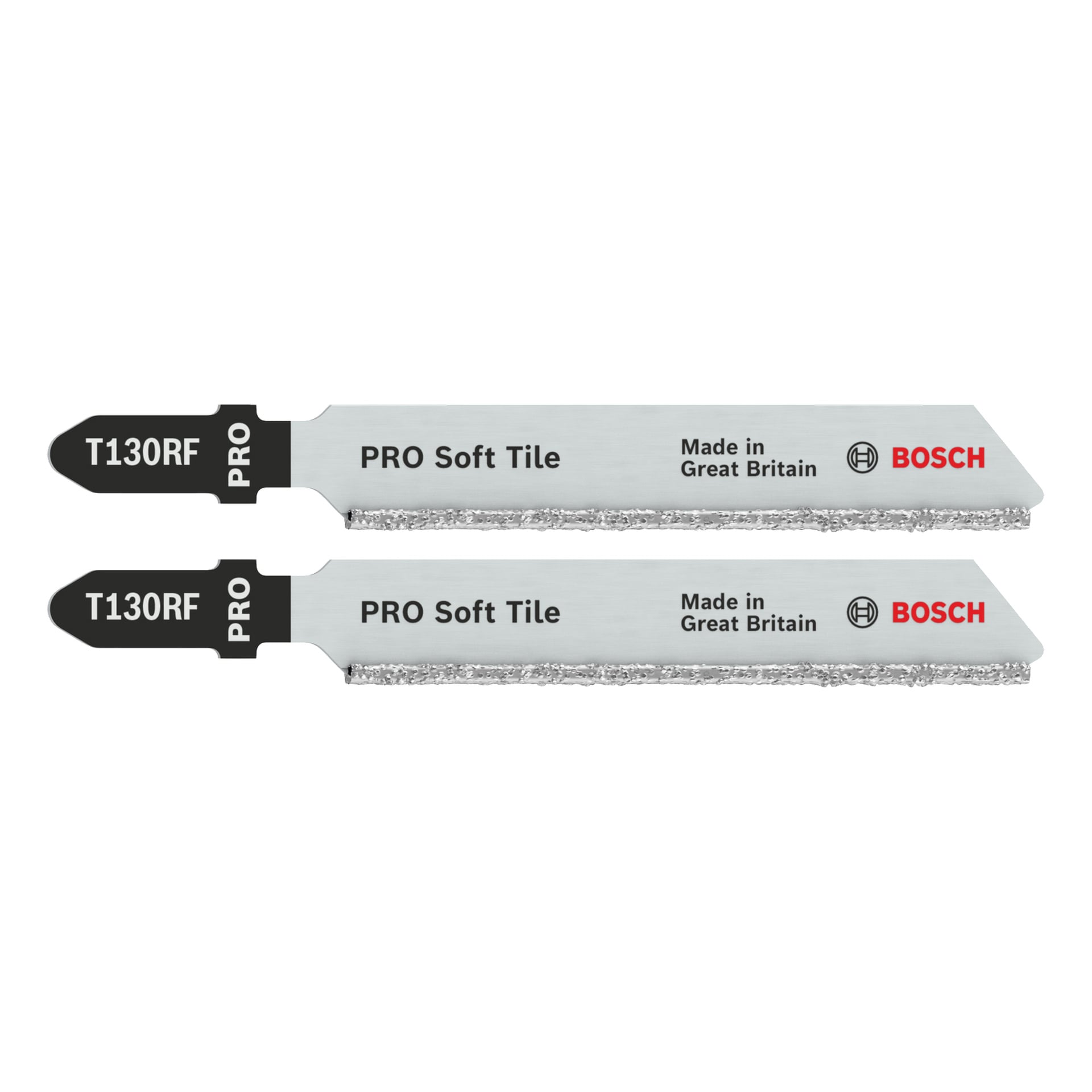 Två Bosch Pro T130RF PRO mjuka kakelblad med kornkanter är lagda parallellt, båda märkta "Made in Great Britain" och "PRO.