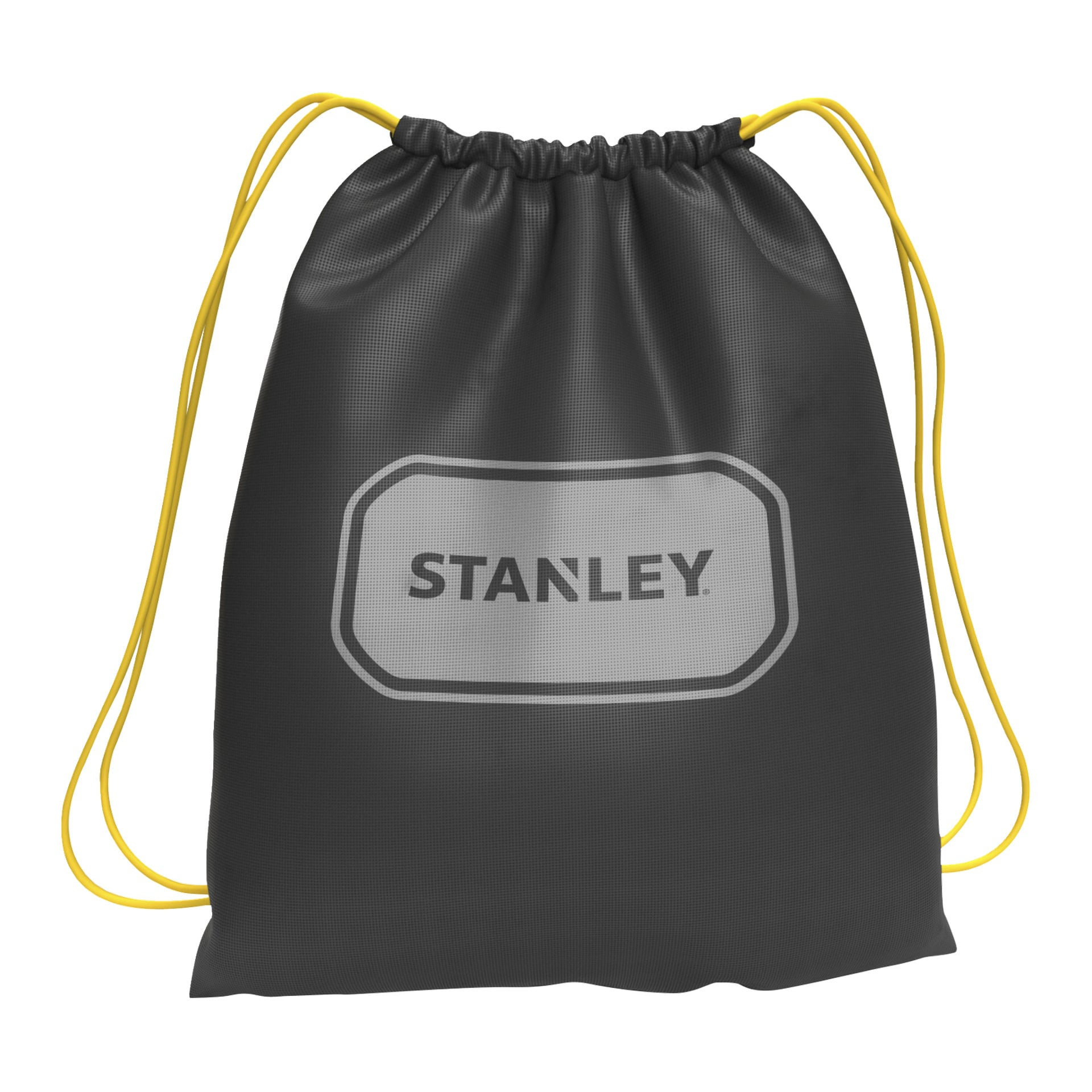 En svart Helmax-svetshjälm från Stanley Fatmax med gula remmar och en silvergrå rektangel på framsidan med "STANLEY".