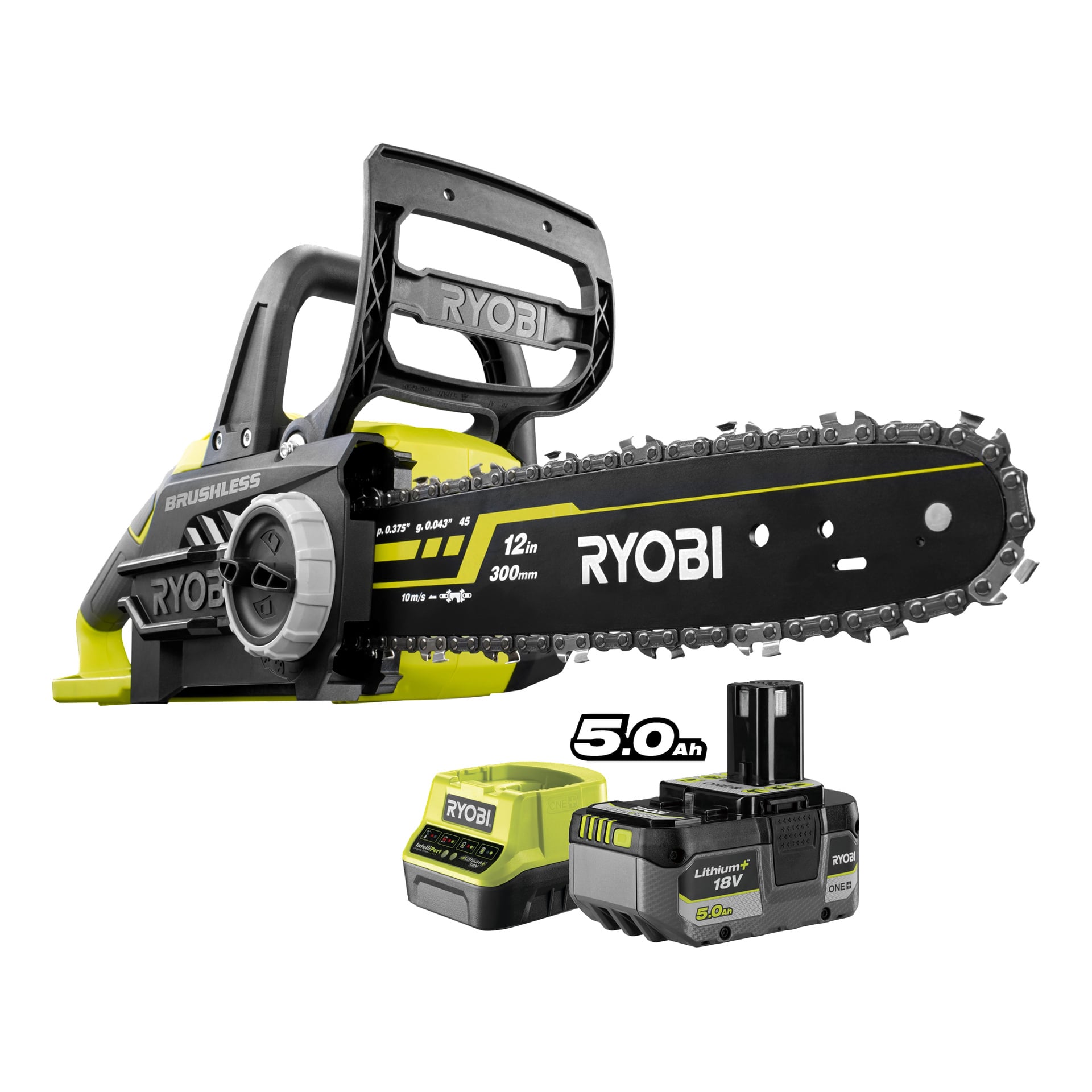 En Ryobi One+ batteridrevet motorsag RCS1830-150F vises med et litium 5,0Ah 18V batteri og lader, hver med grønne og svarte detaljer. Teksten på produktene lyder «Ryobi One+» og «Lithium 18V 5,0Ah».