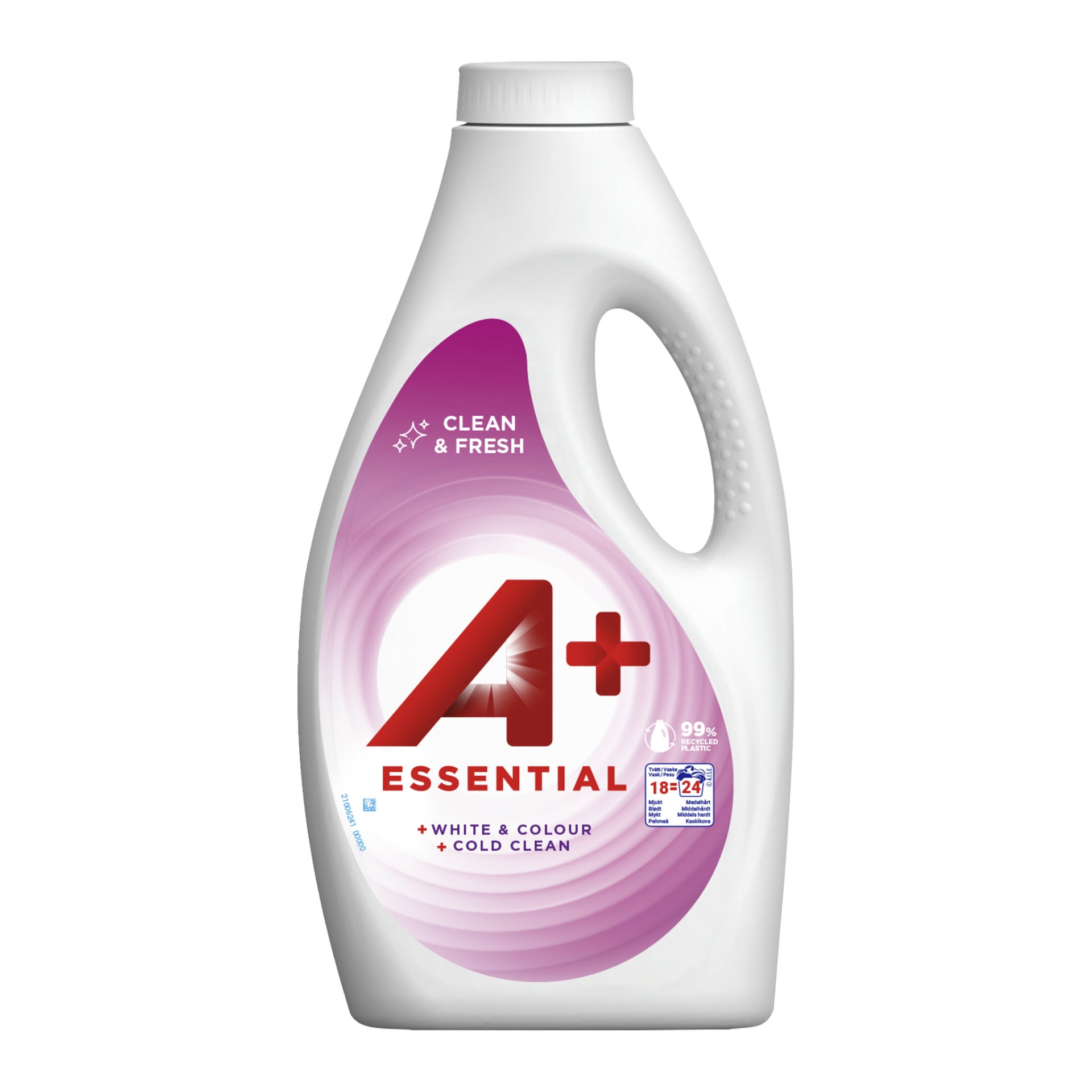 A+ Vaskemiddel Essensielt i en hvit plastflaske med en lilla og rosa etikett som viser produktinformasjon og vedlikeholdsinstruksjoner.