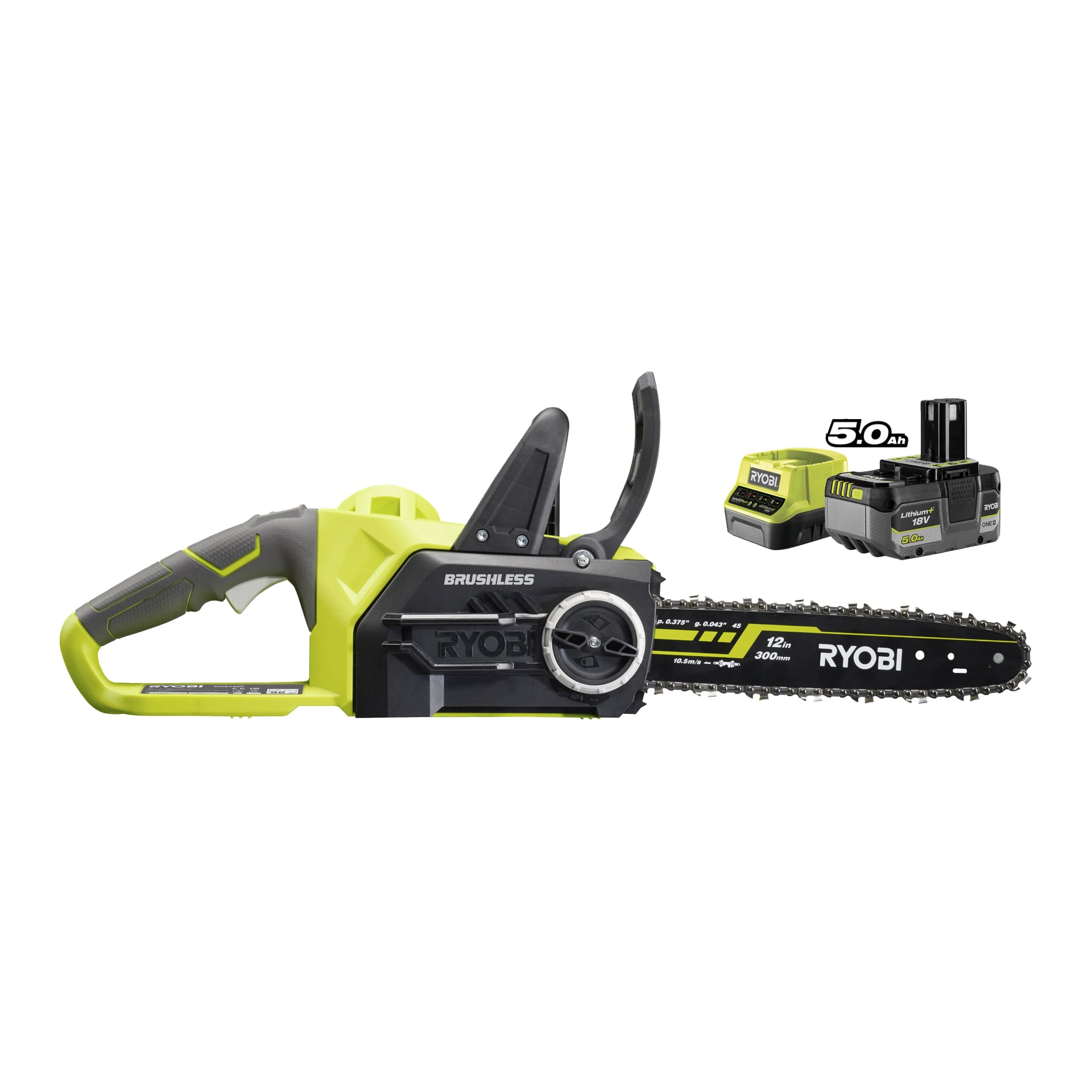 En Ryobi One+ batteridrevet motorsag RCS1830-150F med et 12-tommers blad står ved siden av et "5,0Ah litiumbatteri" og lader, og viser kjede- og håndtaksfunksjoner.