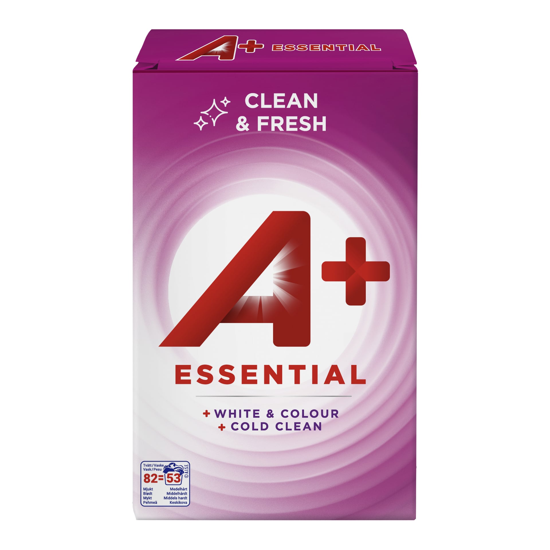 Lila och vit A+ tvättmedels-essential låda med djärv text och stiliserad A+, för både vit och färgad tvätt.