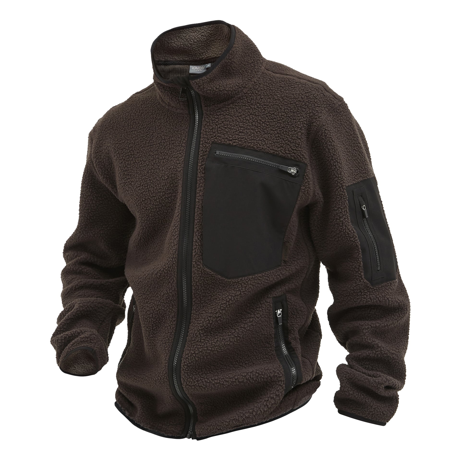 Kayoba Outdoor Men's pile jacket Ljusdal er brun med svarte detaljer, full glidelås og flere lommer med glidelås.
