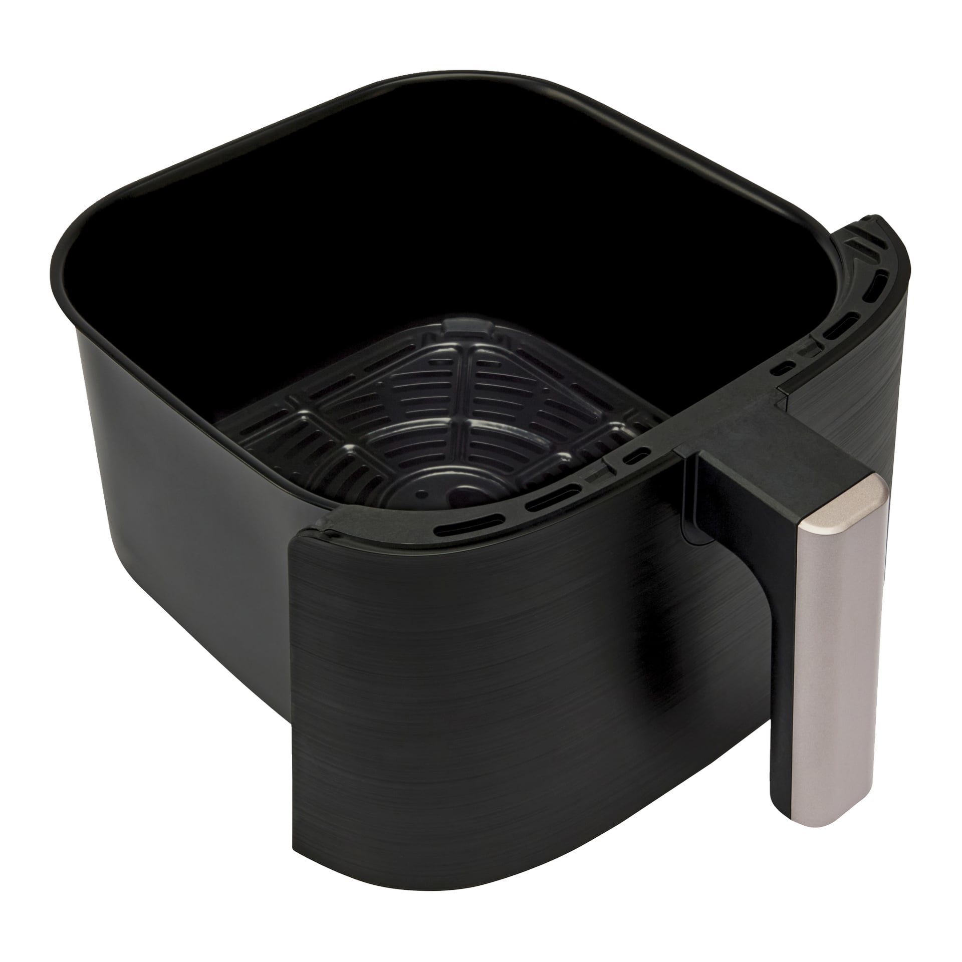 Svart Russell Hobbs Satisfry Airfryer-korg med metallhandtag, sedd tom från ett vinklat toppperspektiv.