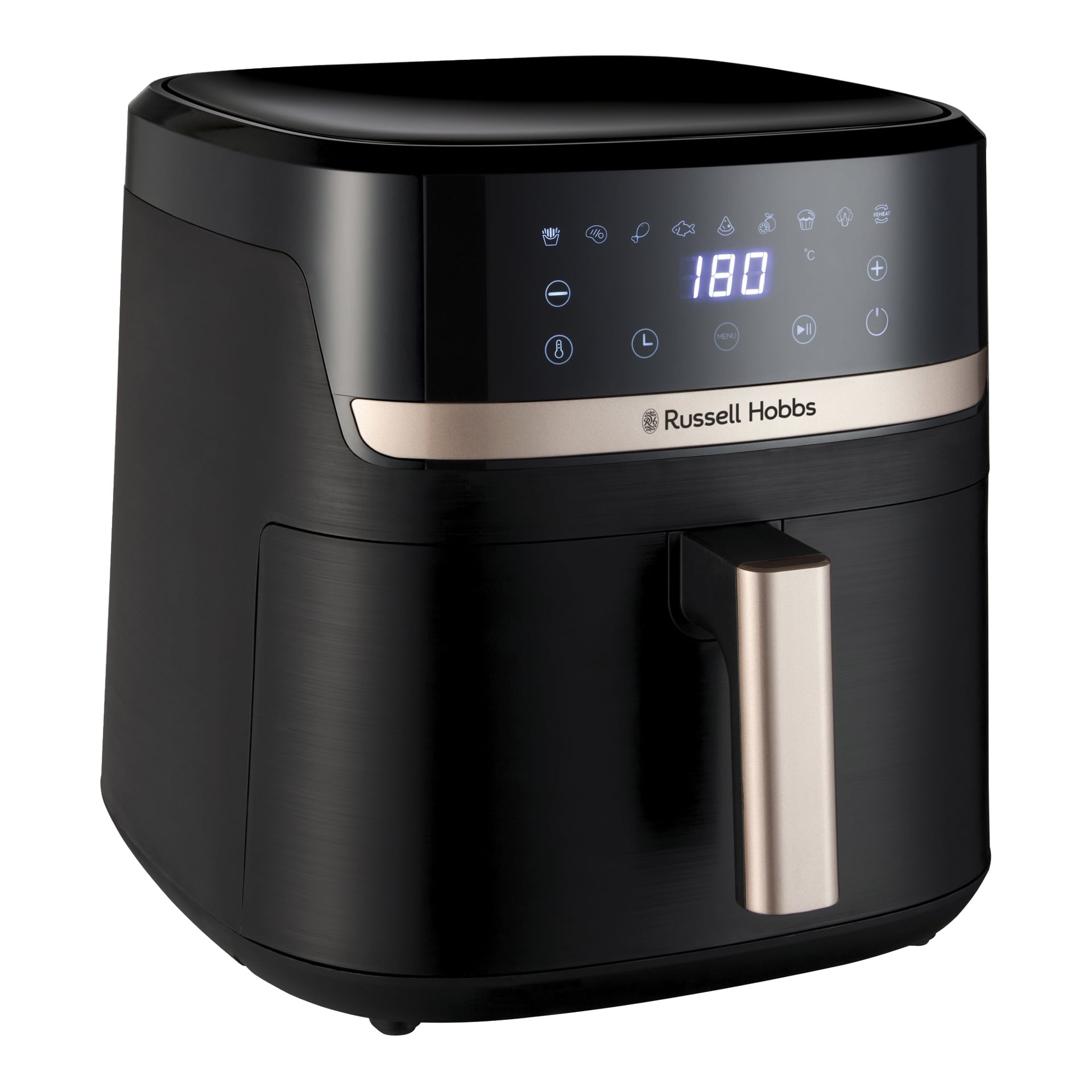 Svart Russell Hobbs Satisfry Airfryer med silverhandtag, digital display som visar 180 grader och en pekskärm för matlagningsfunktioner.