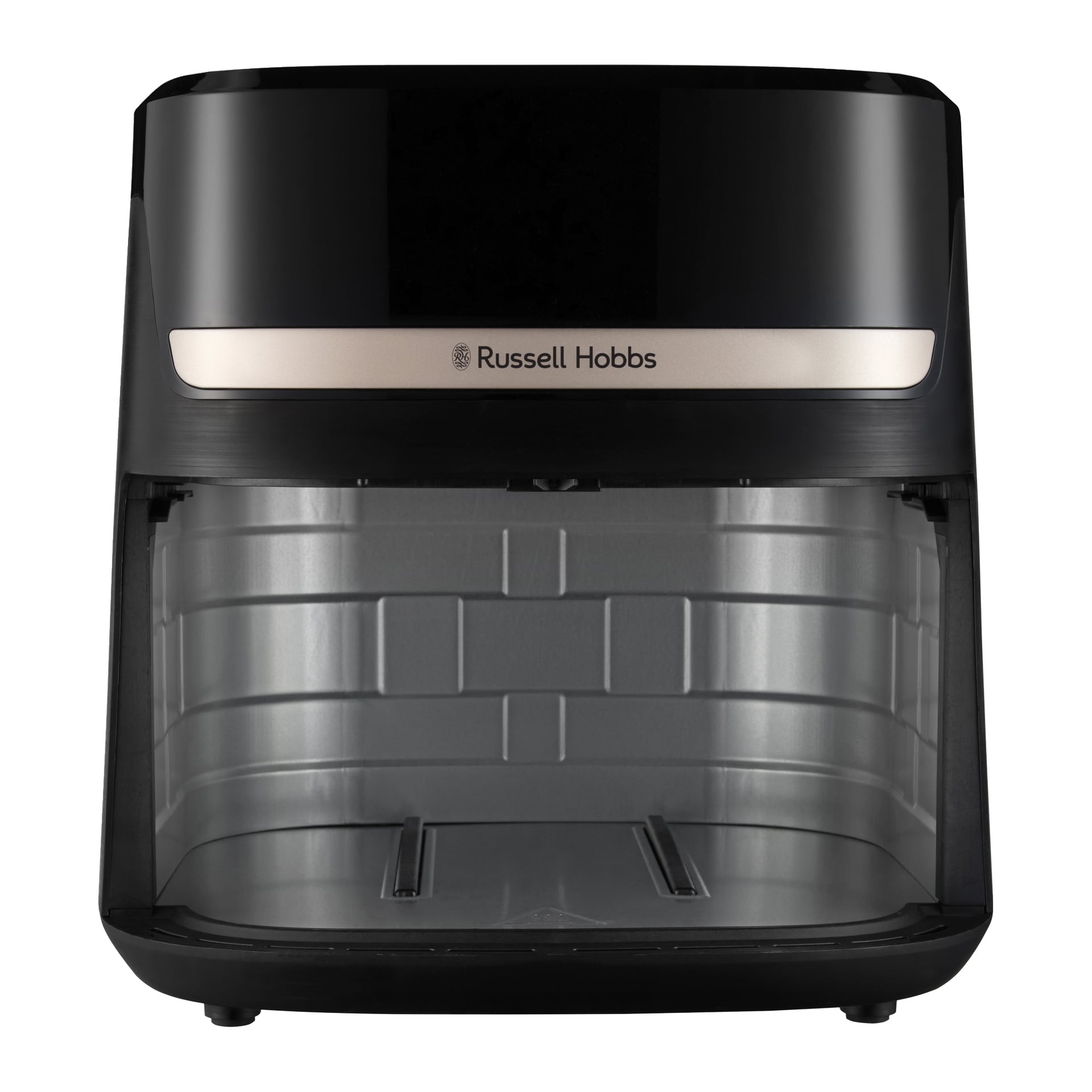 En svart Russell Hobbs Satisfry Airfryer med metallisk accent, öppen framfack, tom räfflad interiör och synlig logotyp.