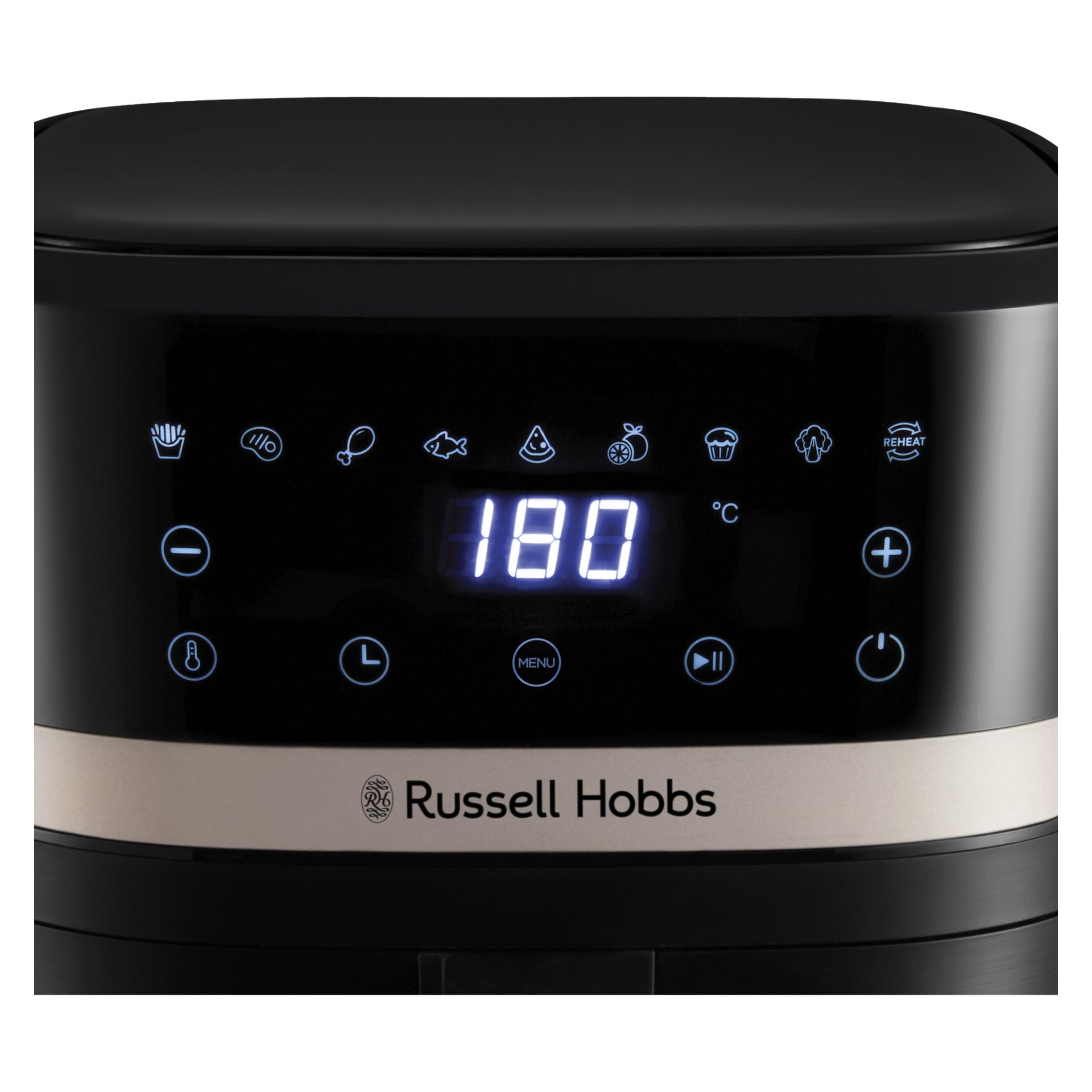 Russell Hobbs Satisfryer Airfryer kontrollpanel visar 180, med matlagningsikoner, tryckknappar och varumärke under.