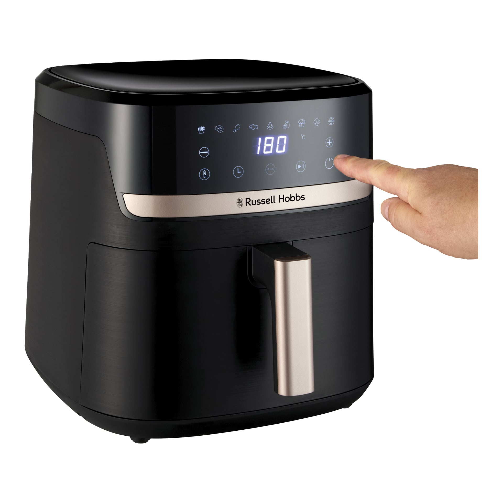 En hand trycker på en knapp på den digitala displayen på en svart- och silverfärgad Russell Hobbs Satisfry-airfryer, skärmen visar 180 grader.