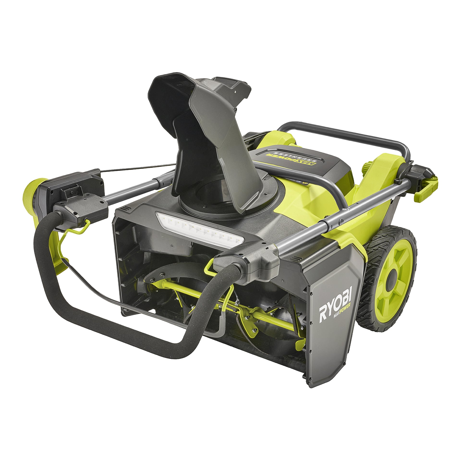 Ryobi sladdlös elektrisk snöslunga i gult och svart, med stora bakhjul, LED-ljusramp och roterande snöränna.