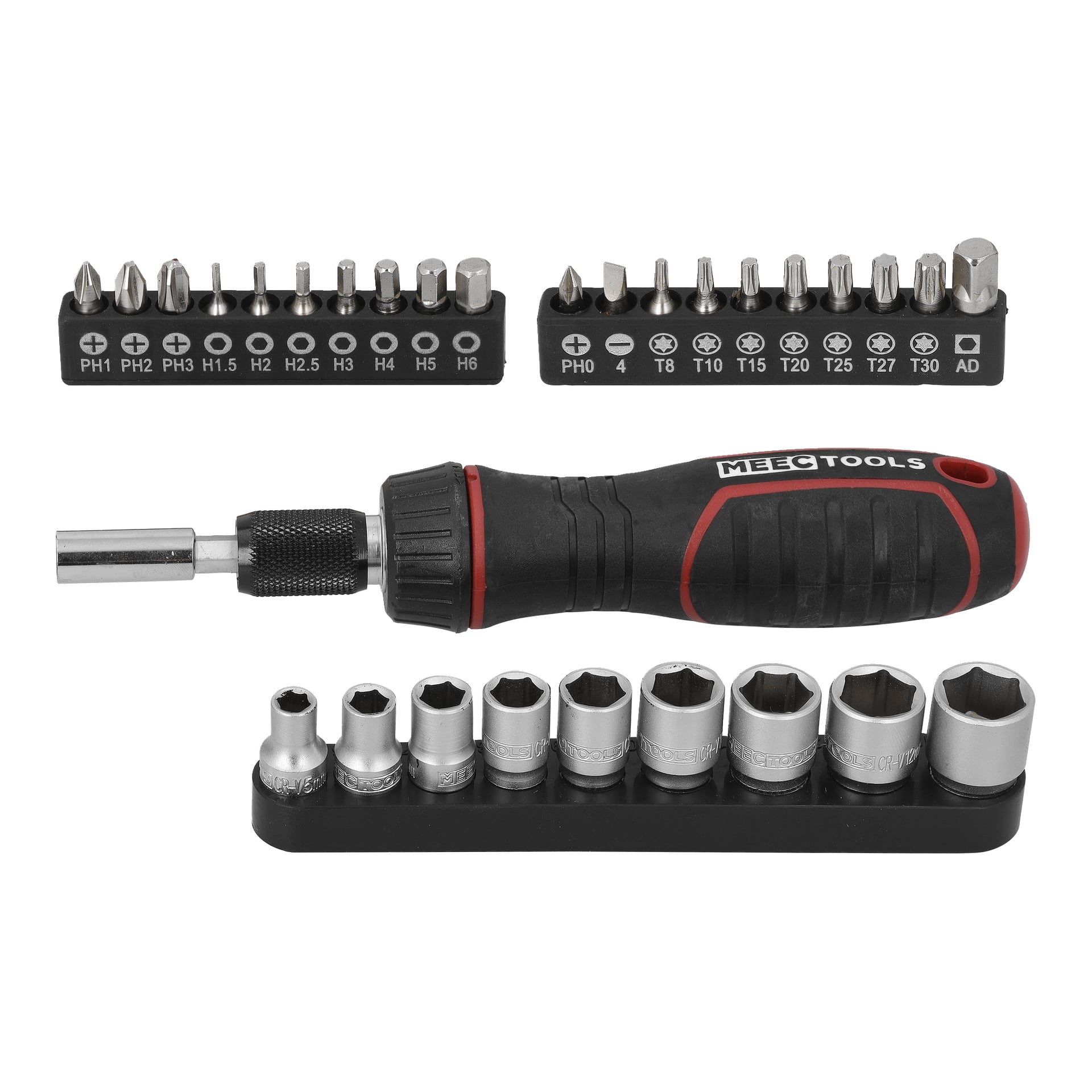 Det 46-delte Meec Tools-settet inkluderer et svart og rødt håndtak, flere skrutrekkerbits og metallpiper arrangert i holdere.