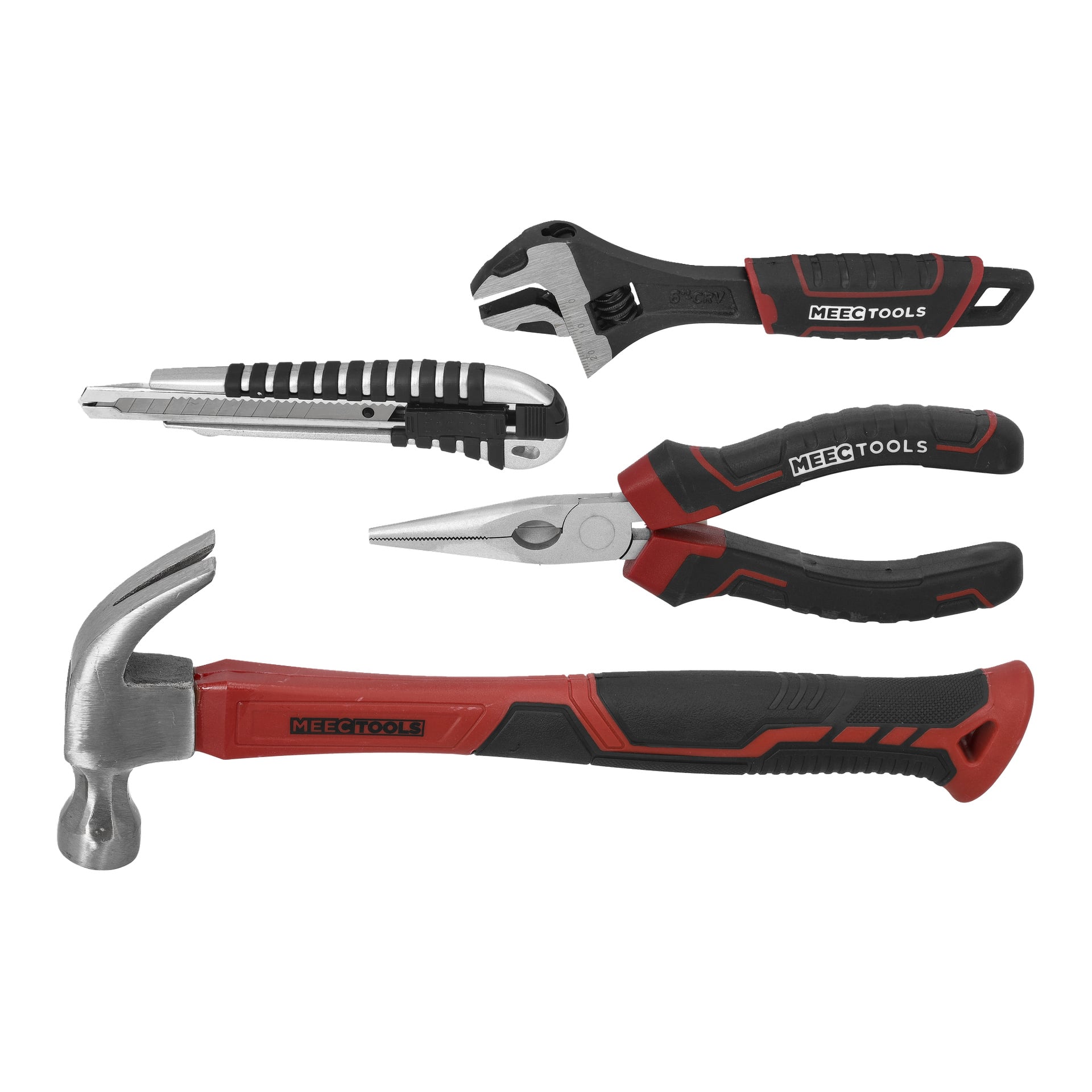 Et Meec Tools sett med 46 deler, inkludert hammer, tang, justerbar skiftenøkkel og hobbykniv med svarte og røde håndtak.