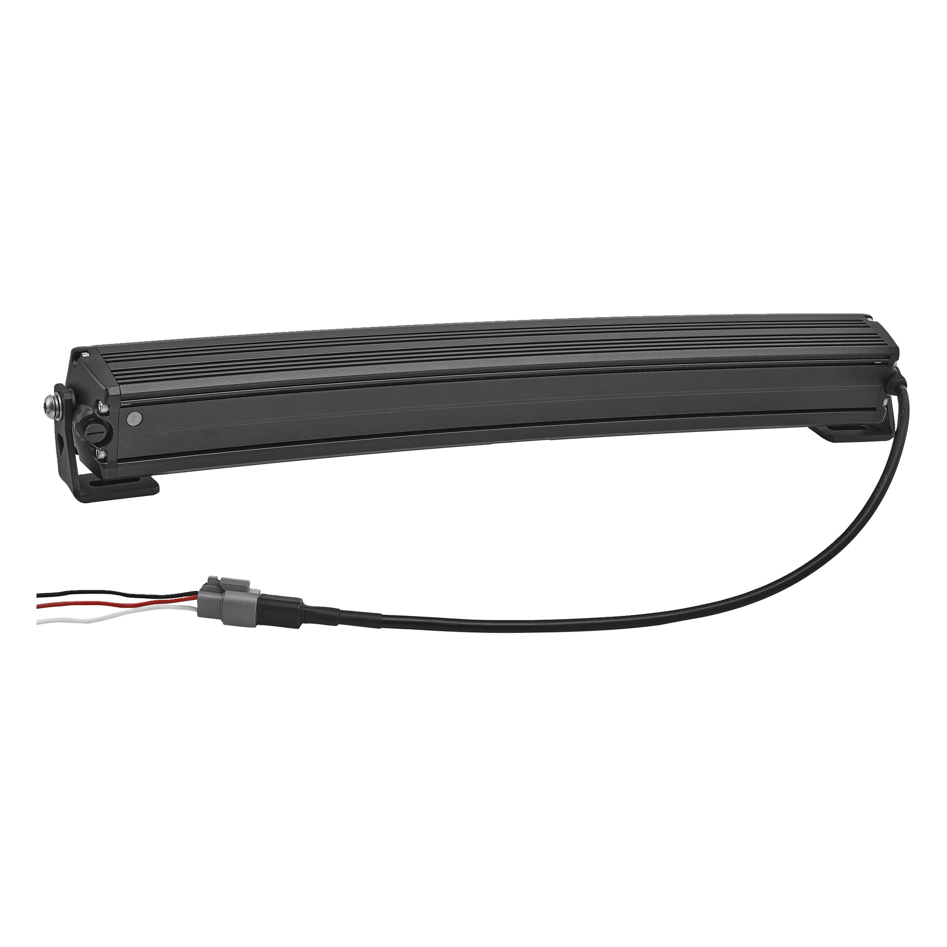 En svart Hamron LED-lysstang med en buet, ribbet kropp, endefester og en festet svart kabel med kontakt.