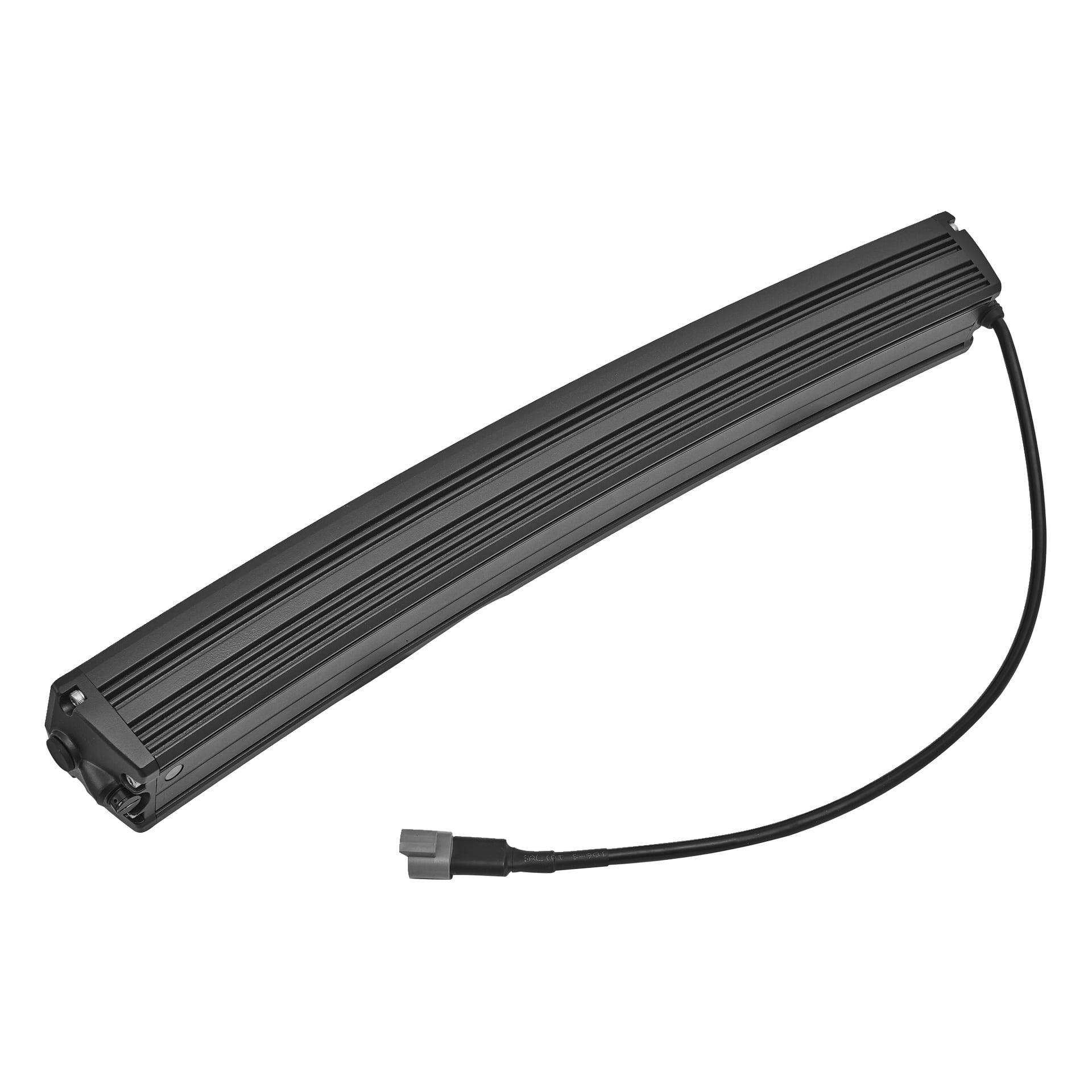 En svart, buet Hamron LED-lysstangbatteripakke har ribber, en tilkoblet kabel og en to-pinners plugg.