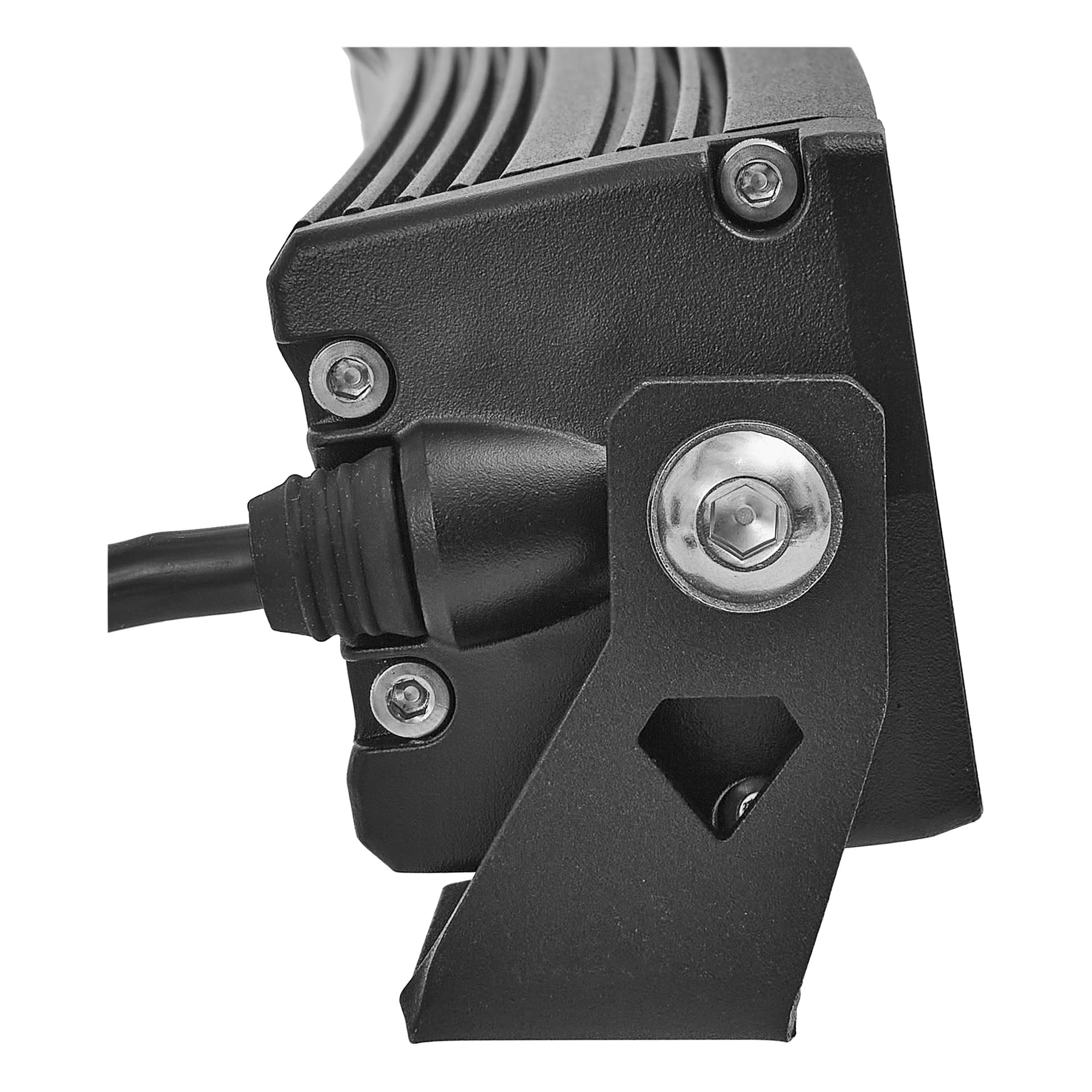Detaljert visning av enden på en Hamron LED-lysstang, med svart metalldeksel, skruer, monteringsbrakett og festet kabel.