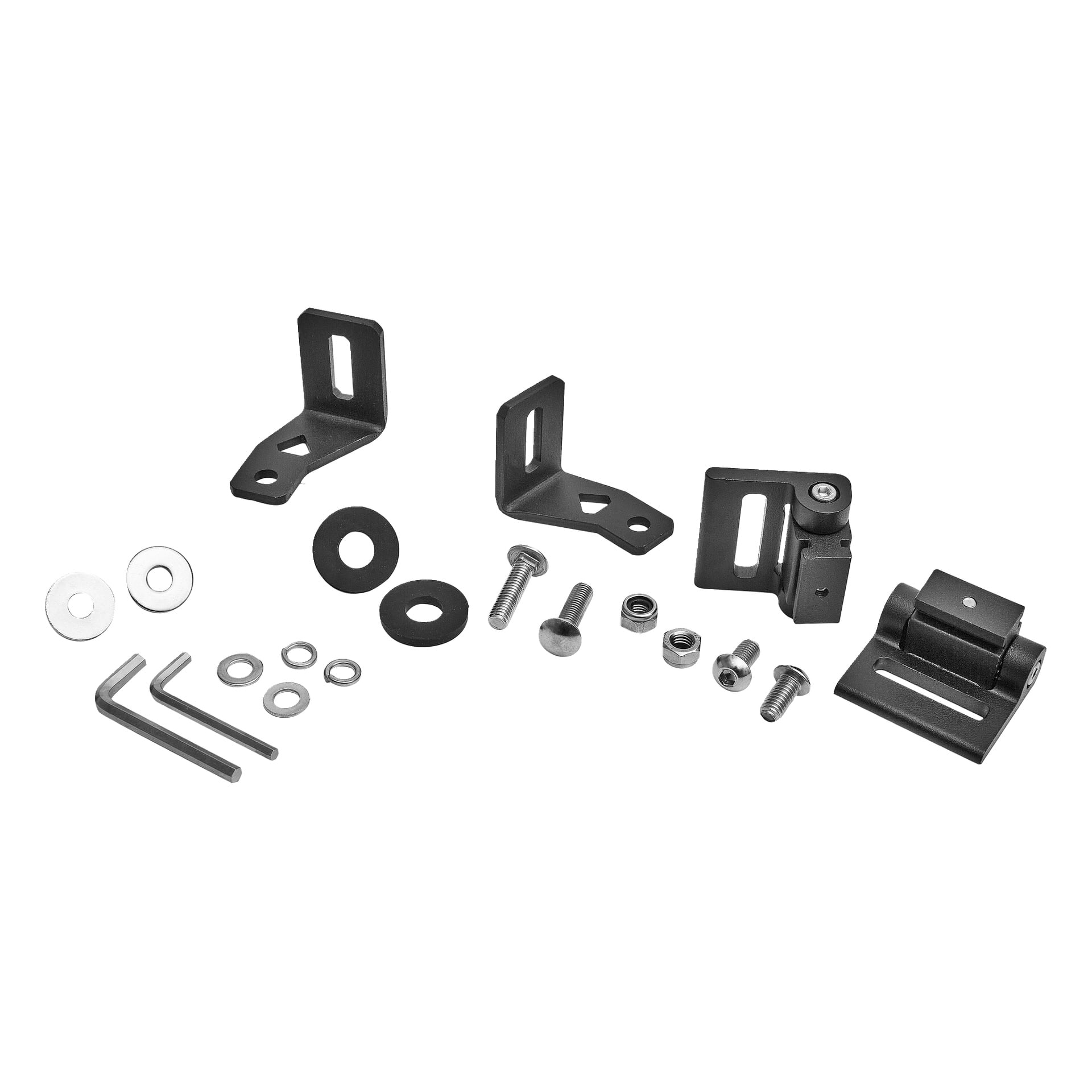 Hamron LED-lysstangen leveres med svarte metallbraketter, skiver, skruer, muttere, bolter, inbraknøkler og diverse små beslag.