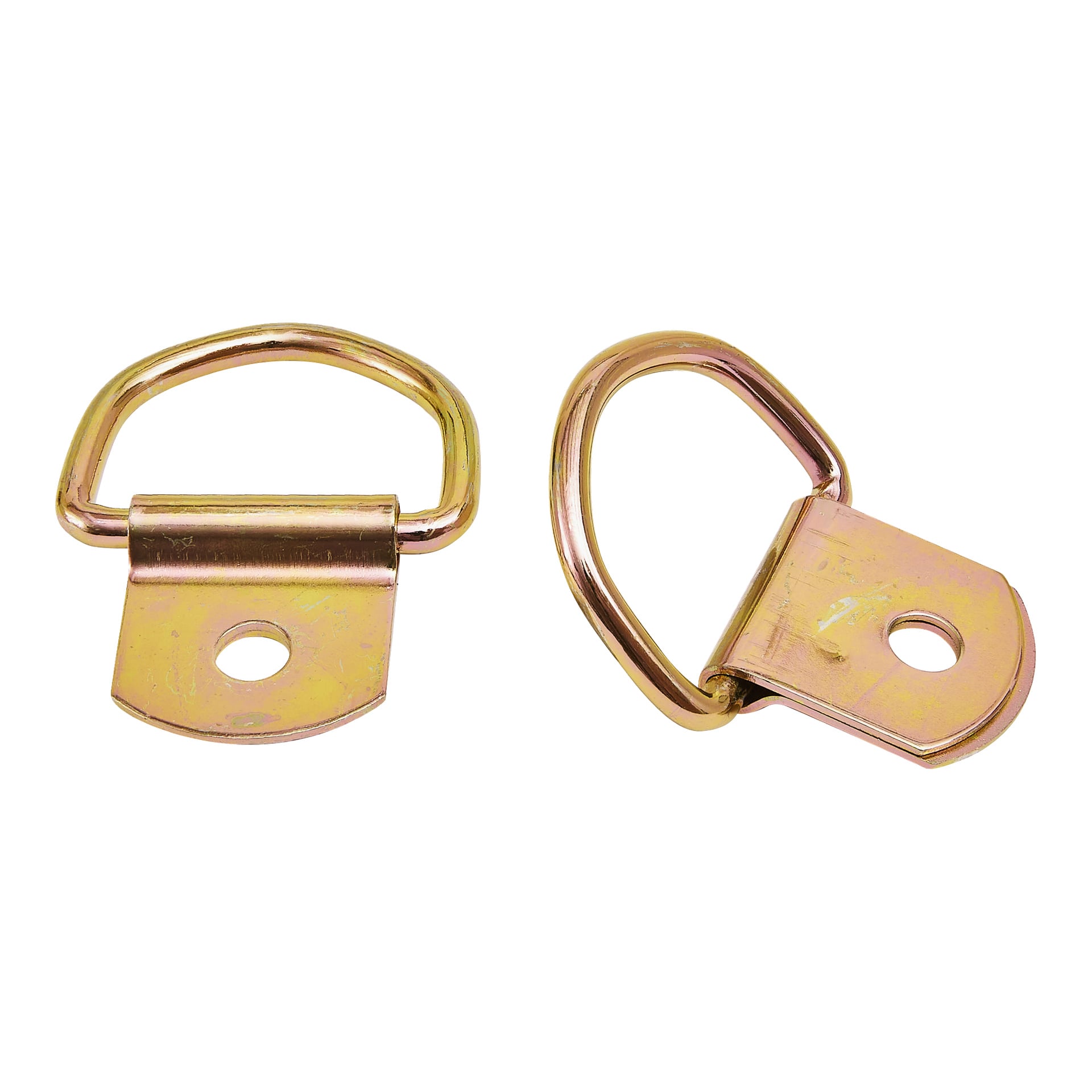 Hamron Lashing ring 2-pack med två guldfärgade metallankare i D-ring med platta, enkelhålsplattor synliga framifrån och från sidorna.