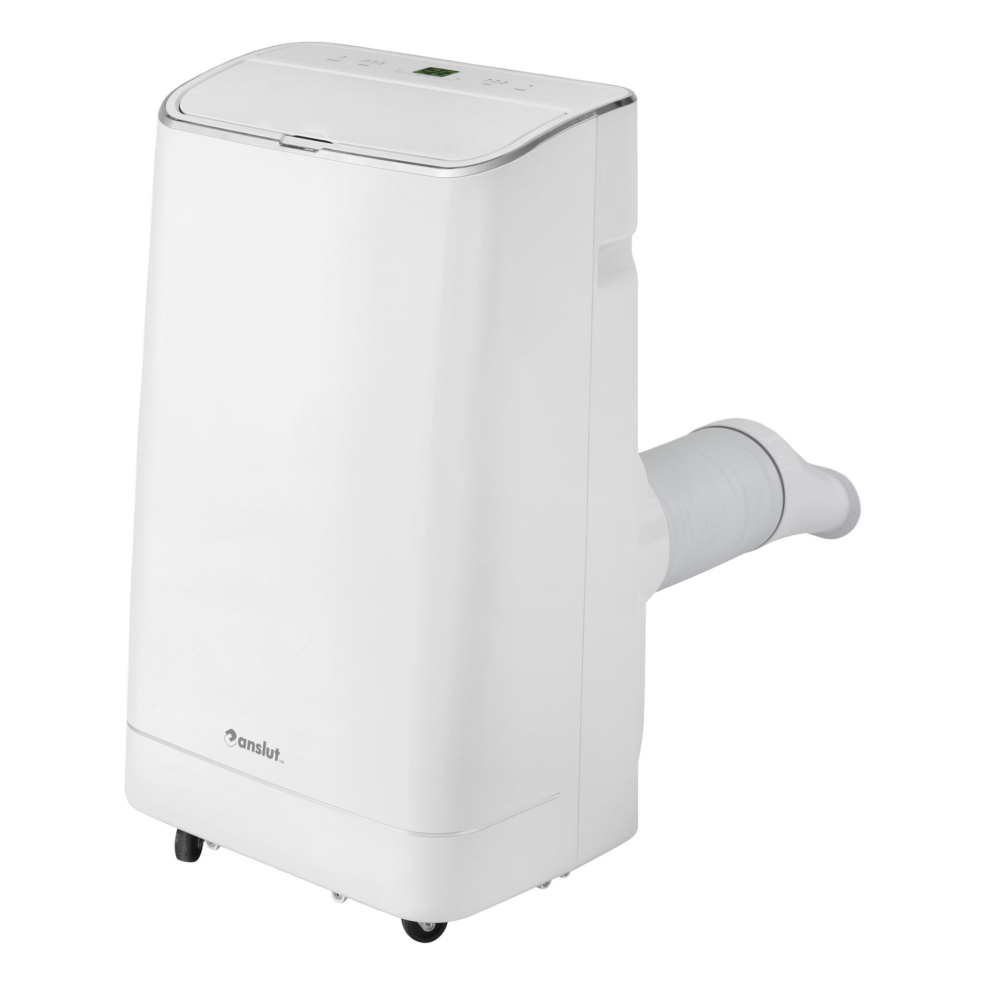 Portabel vit Anslut Air Conditioning Smart-enhet med ventilationsslang, toppkontroller, hjul och varumärket framtill.