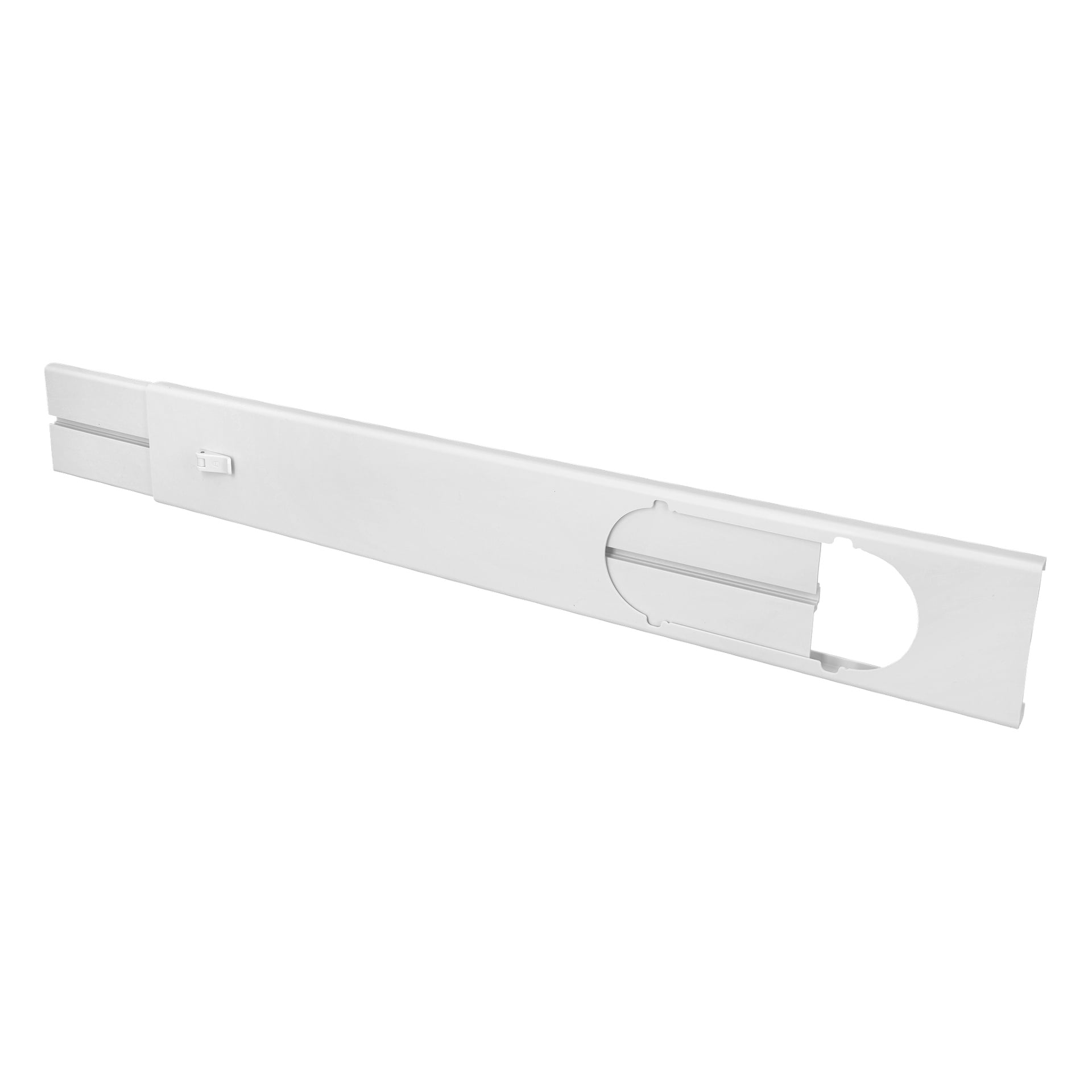 En vit, rektangulär ventilationspanel för luftkonditionering med rund slangutskärning och justerbar längd.
