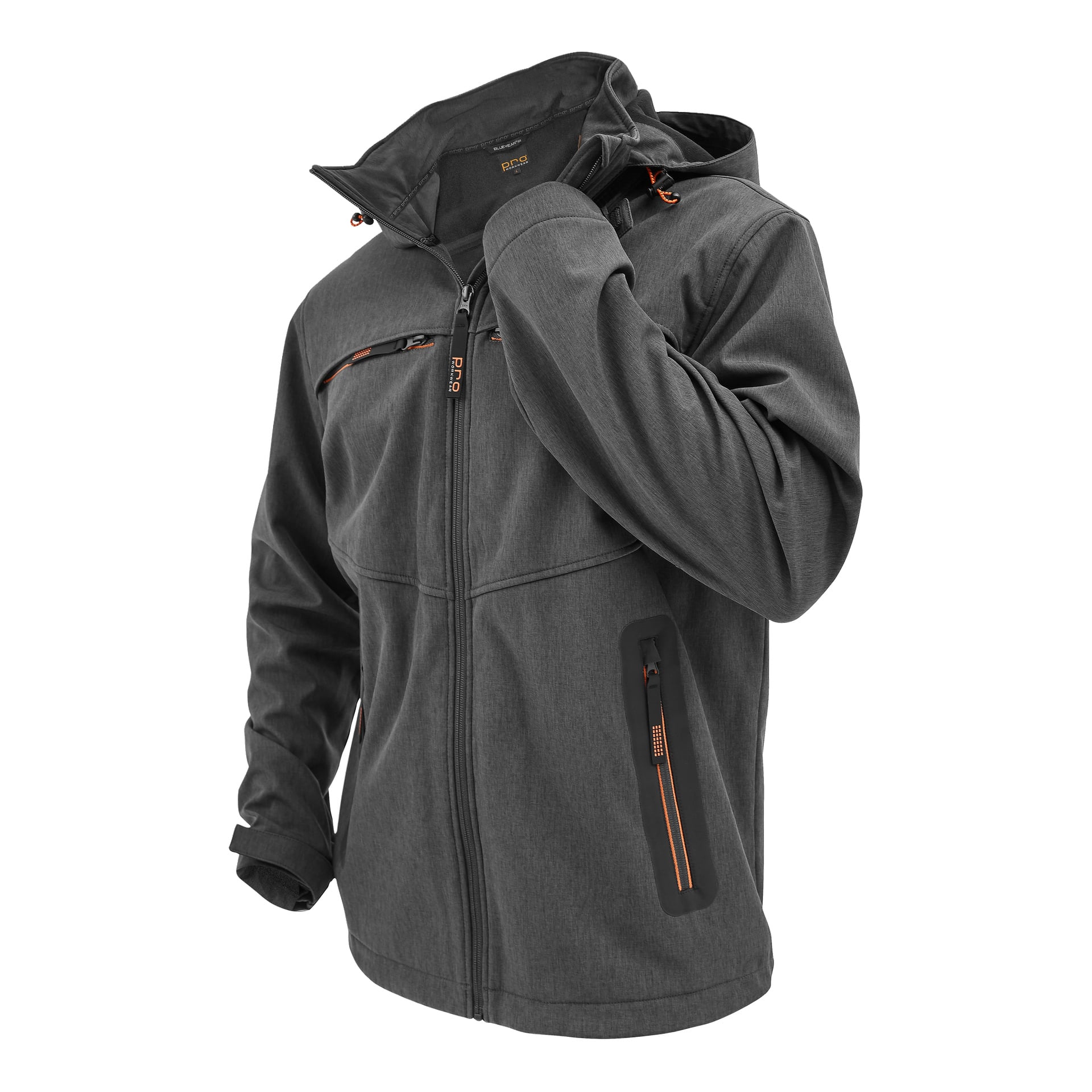 Bluewear Pro Pontus -miesten softshell-takki on harmaa, jossa on hupu, etuvetoketju, vetoketjut ja oransseja yksityiskohtia.