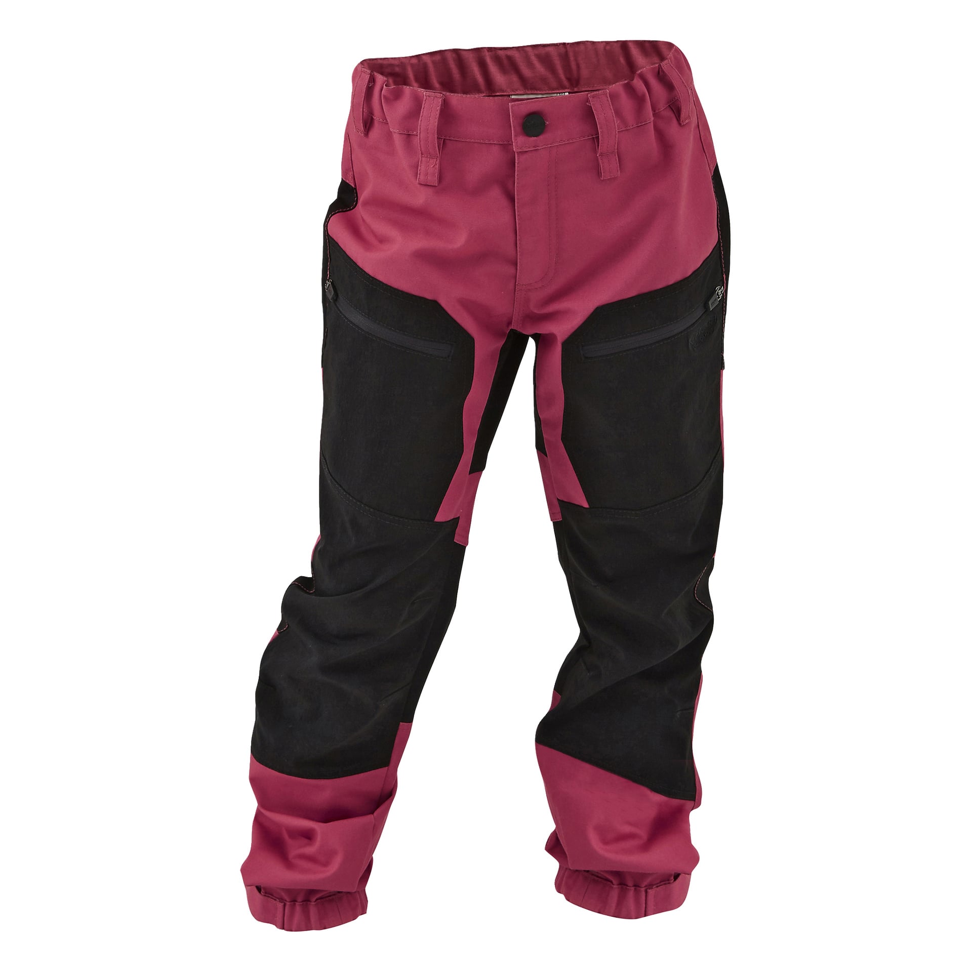 Kayoba Outdoor Children's byxor Gävle har en tvåfärgad look med vinröda och svarta sektioner, dragkedjefickor på låren, elastiskt midjeband för komfort och elastiska manschetter vid anklarna.