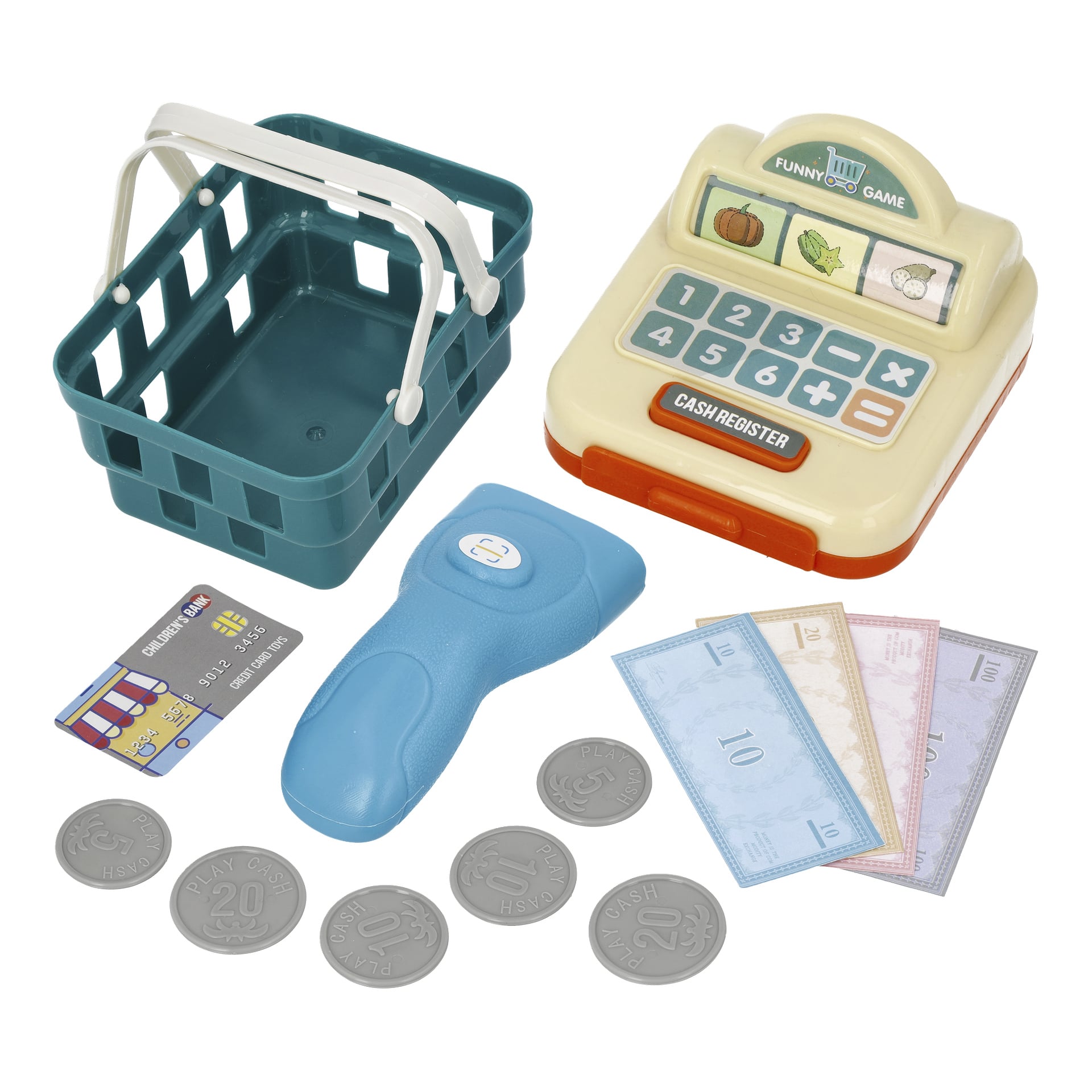 Kayoba 2-i-1 play shop-set med 58 delar: beige kassaapparat, grön korg, blå scanner, lekpengar, mynt och kreditkort.
