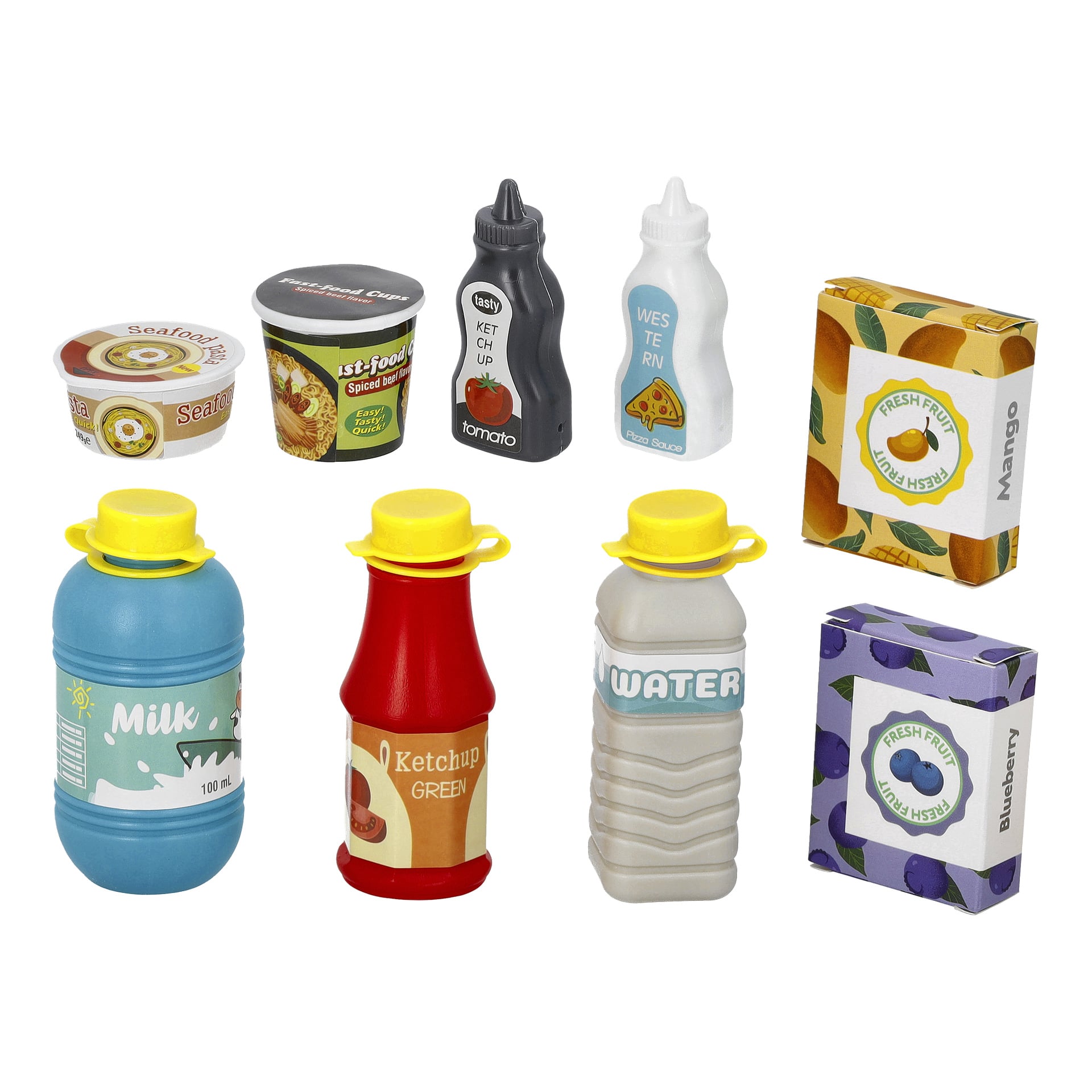 Åtta leksaksmatvaror från Kayoba play shop-setet är uppradade i två rader, inklusive flaskor, behållare och fruktlådor.