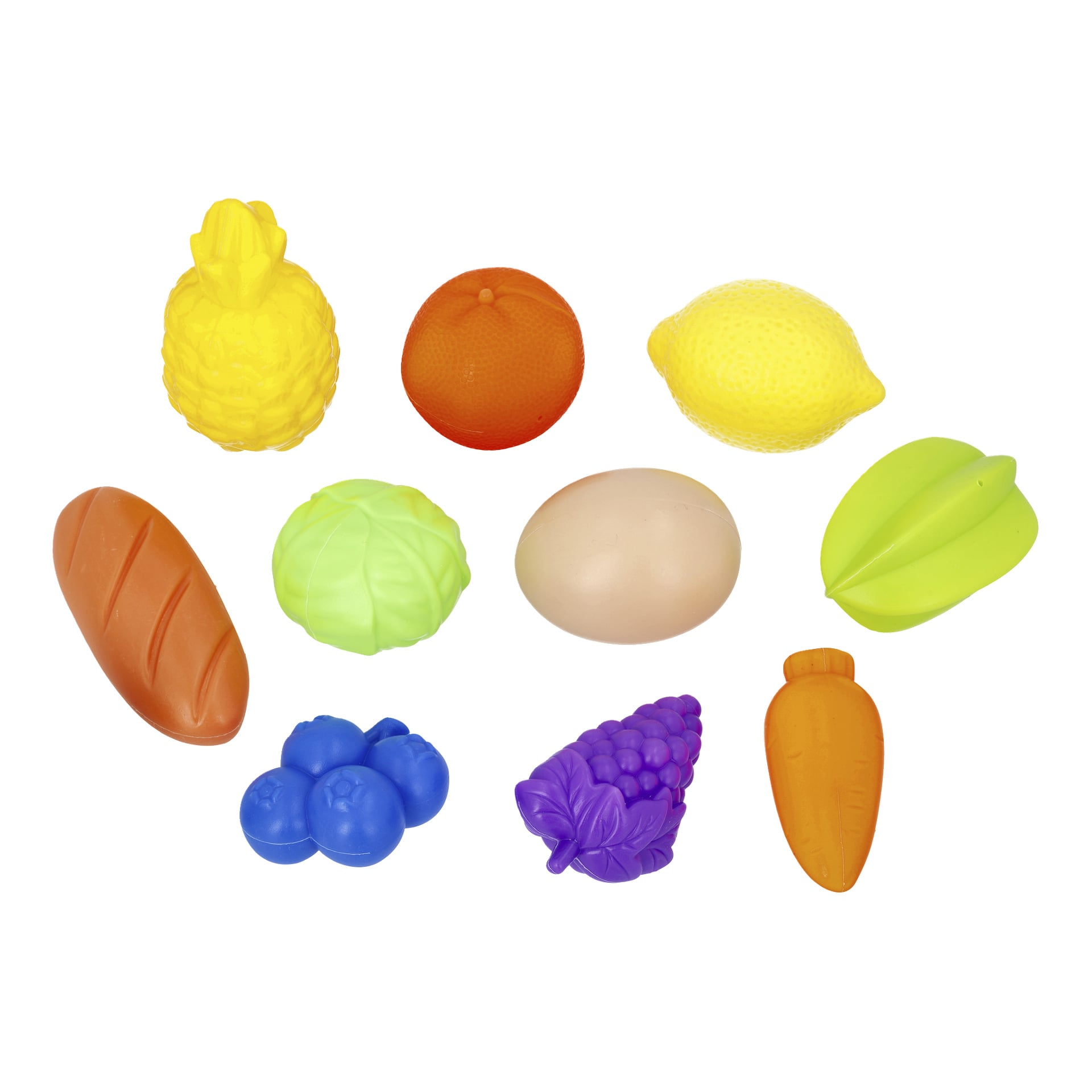 Kayoba 2-i-1 lekbutik innehåller 58 färgglada plastleksaker som frukt, bröd, kål, ägg och bladgrönsaker.