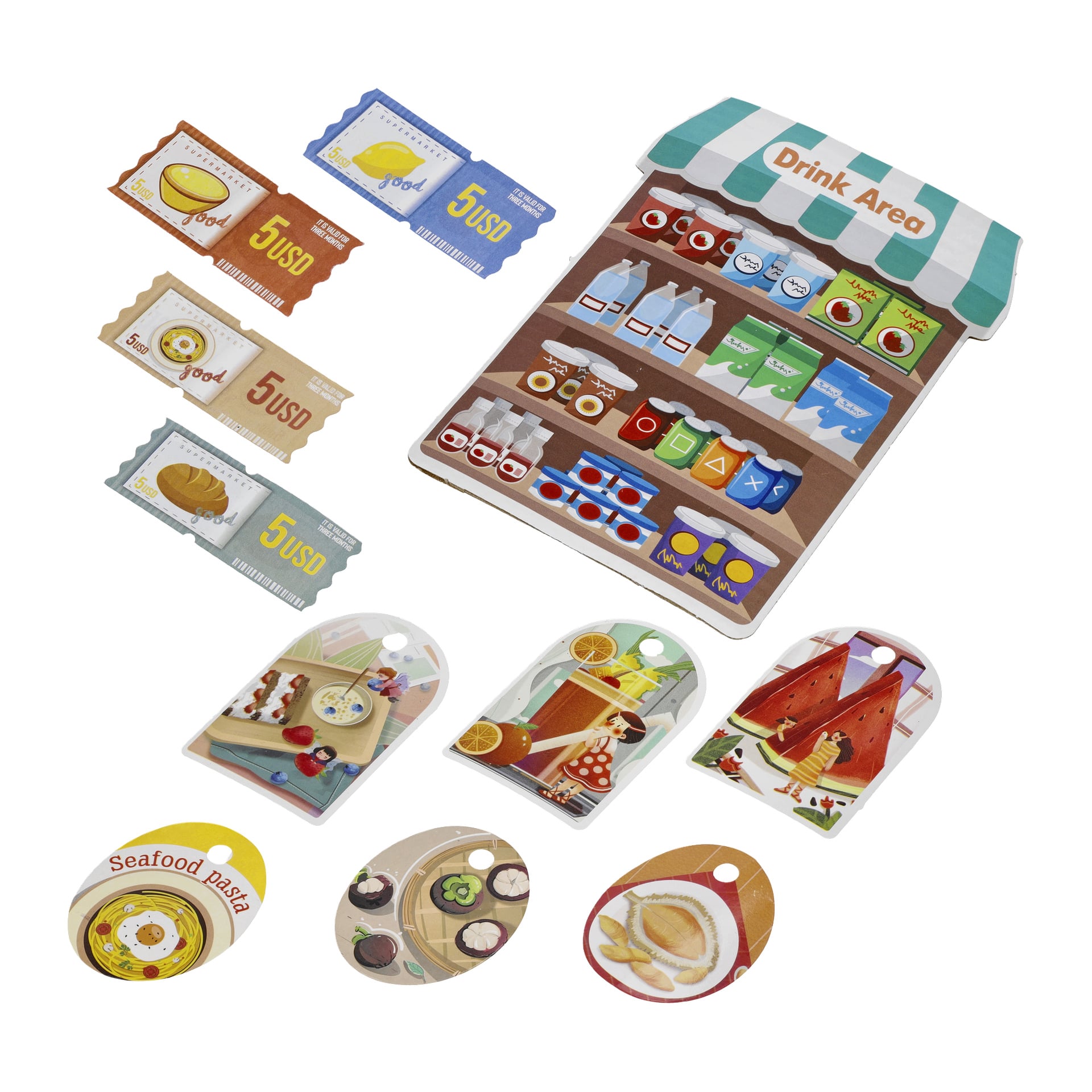 Kayoba 2-i-1 play shop-set innehåller ett stånd, märkt mat, lekpengar och kort som visar rätter som pasta, desserter och drycker.