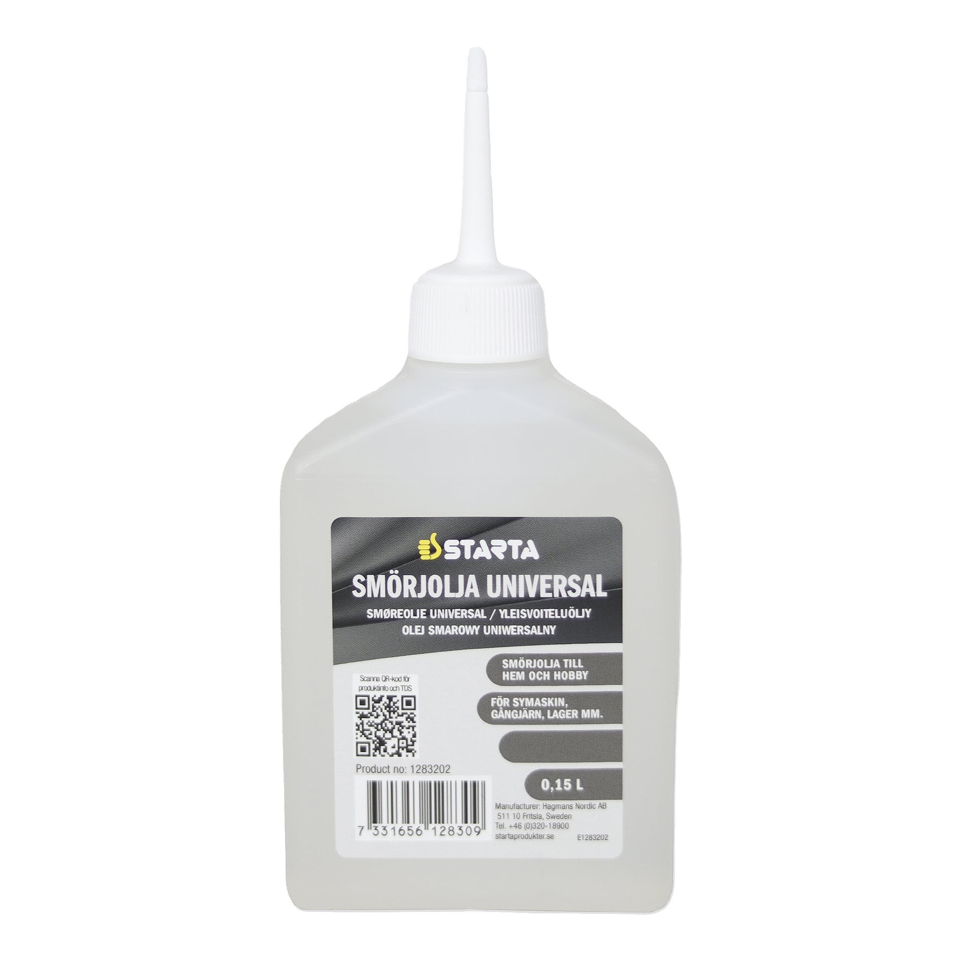 En 0,15L vit plastflaska med smörjolja i plast med ett spetsigt munstycke, flerspråkig etikett och en QR-kod.