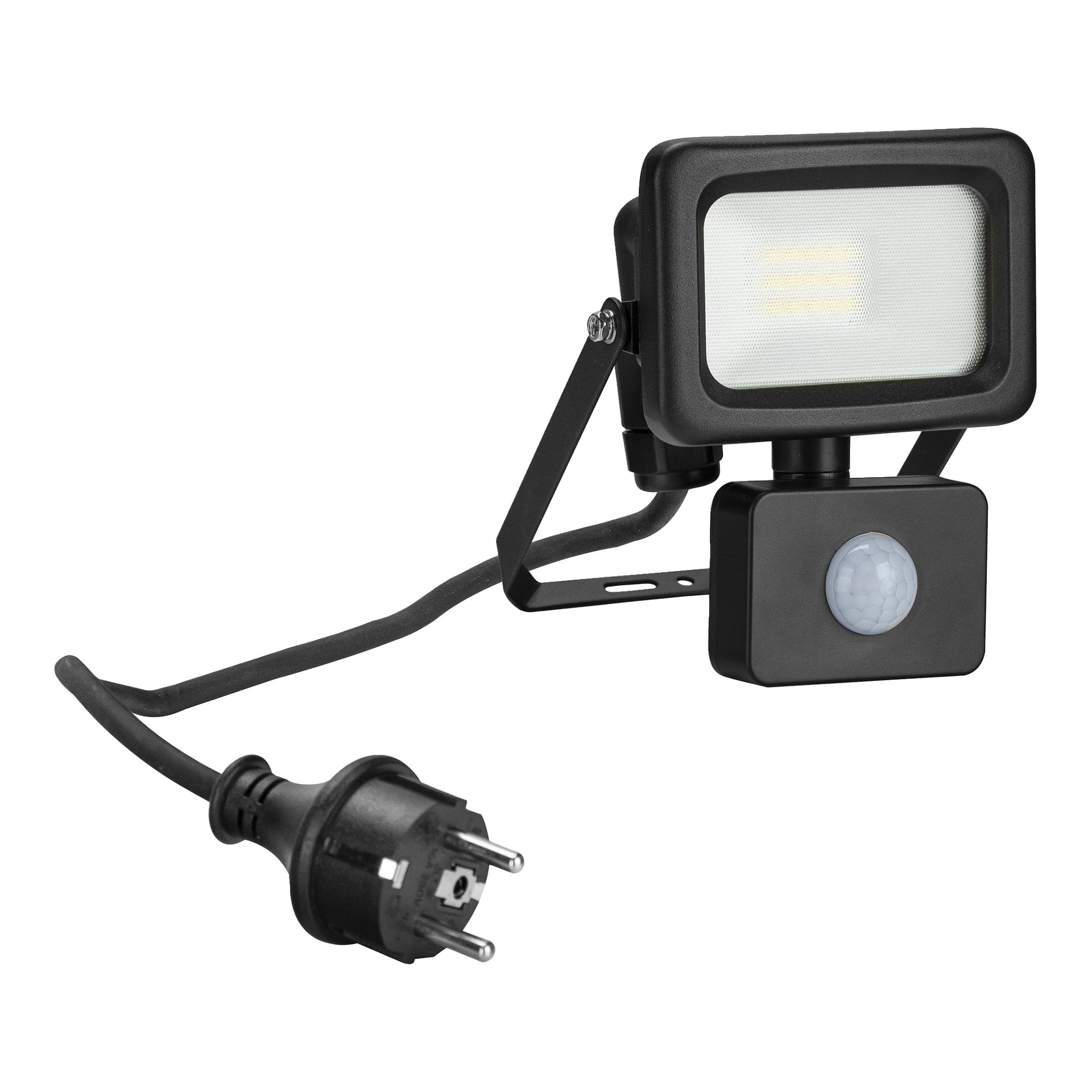 Anslut LED-strålkastare med rörelsesensor monterad på ett fäste, med en strömkabel som slutar i ett europeiskt uttag.