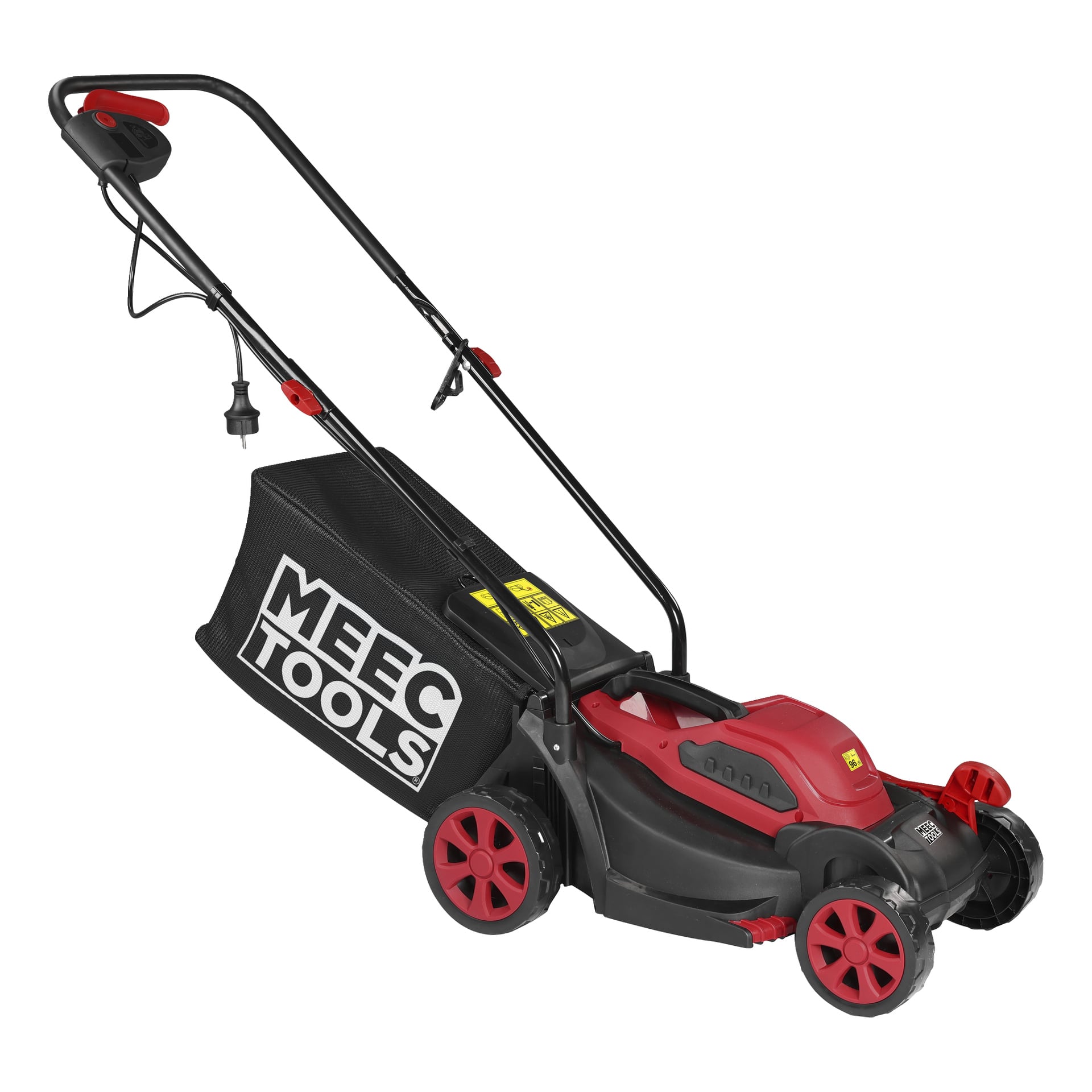 Czerwono-kosiarka mechaniczna Meec Tools z czterema czerwonymi kołami, worek na trawę oznaczony Meec Tools oraz sznurek na rączkę.