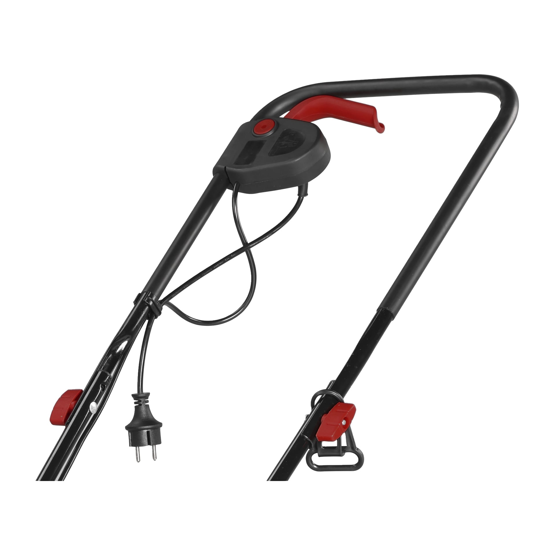 Zbliżenie górnej części kosiarki Meec Tools Power, podkreślające jej czarno-czerwoną rączkę, przełącznik zasilania, kabel i wtyczkę.